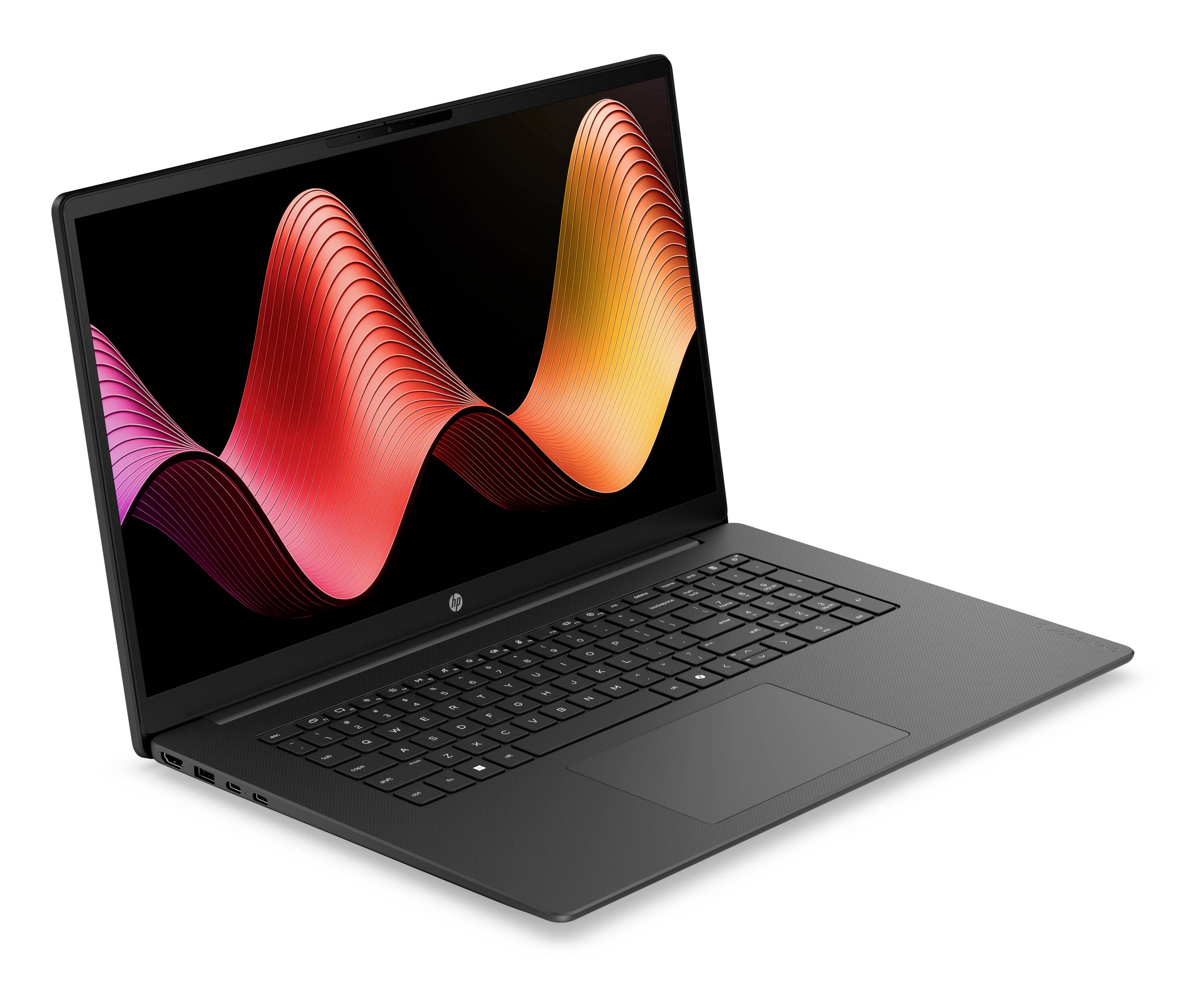 Offener schwarzer Laptop in Schräglage auf weißem Hintergrund, auf dem Bildschirm wird eine farbenfrohe abstrakte Welle angezeigt.