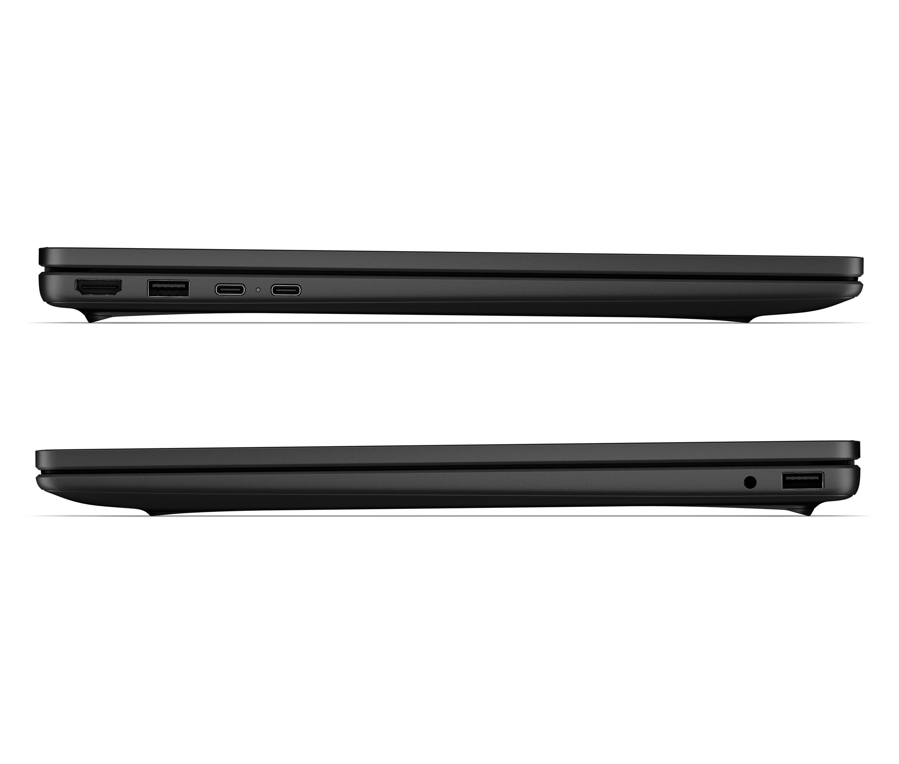 Seitenansichten eines schlanken schwarzen Laptops, die linke und rechte Kanten mit Anschlüssen und Verbindungselementen zeigen.