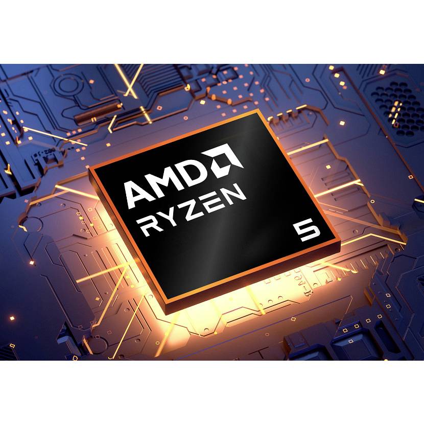 AMD Ryzen 5 Prozessor-Chip auf leuchtend blauem Schaltkreis-Hintergrund, dargestellt als produktstilartige Tech-Illustration.