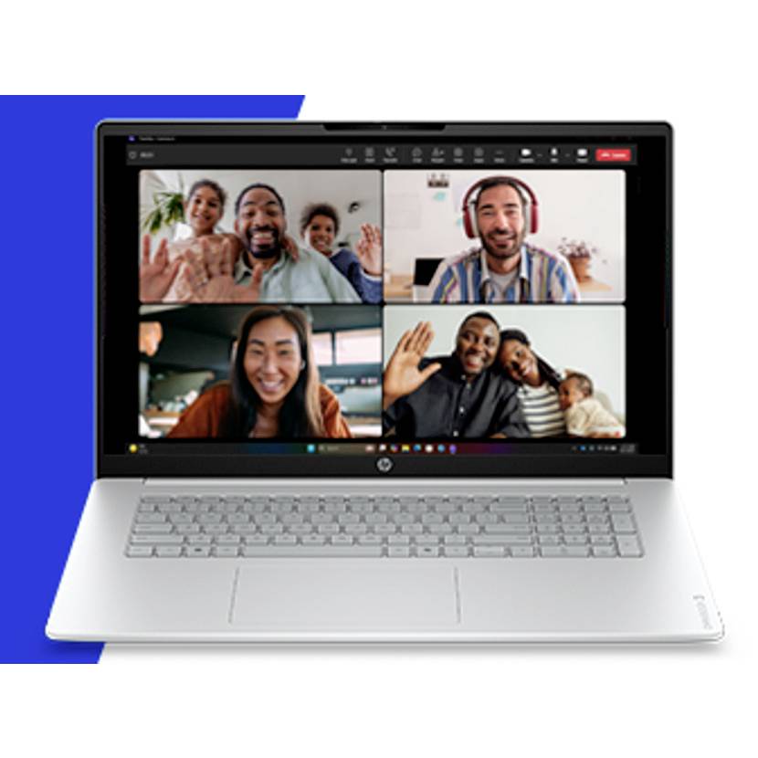 Laptop zeigt ein Vier-Personen-Videoanruf-Gitter mit Teilnehmern, die auf einem Bildschirm einer Konferenzanwendung winken und lächeln.