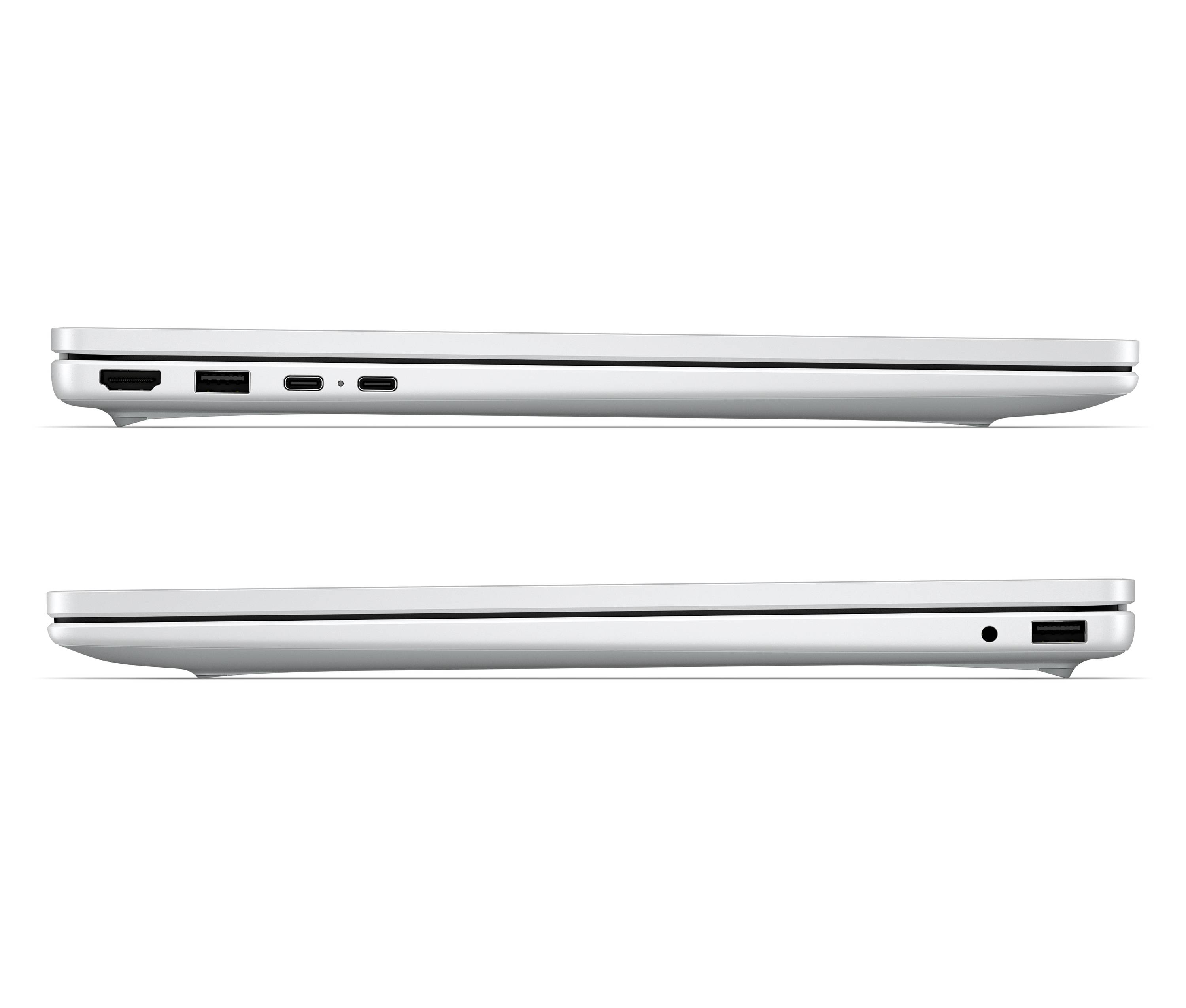 Zwei Seitenansichten eines silbernen Laptops, die seine linke und rechte Kante mit sichtbaren Anschlüssen und Buchsen zeigen.