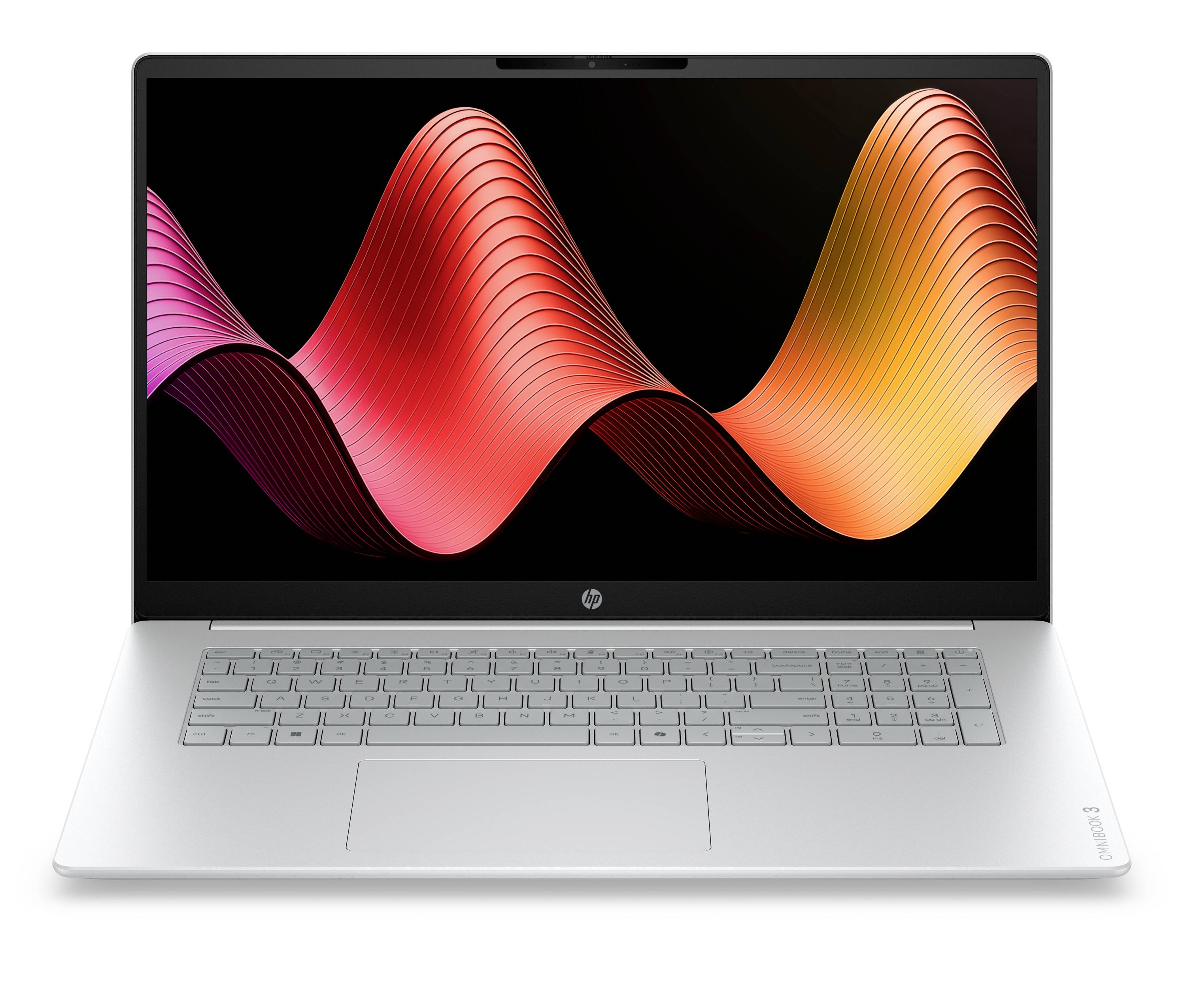 Silberner Laptop mit buntem abstraktem Wellenmuster auf schwarzem Bildschirm, Frontansicht auf weißem Hintergrund.