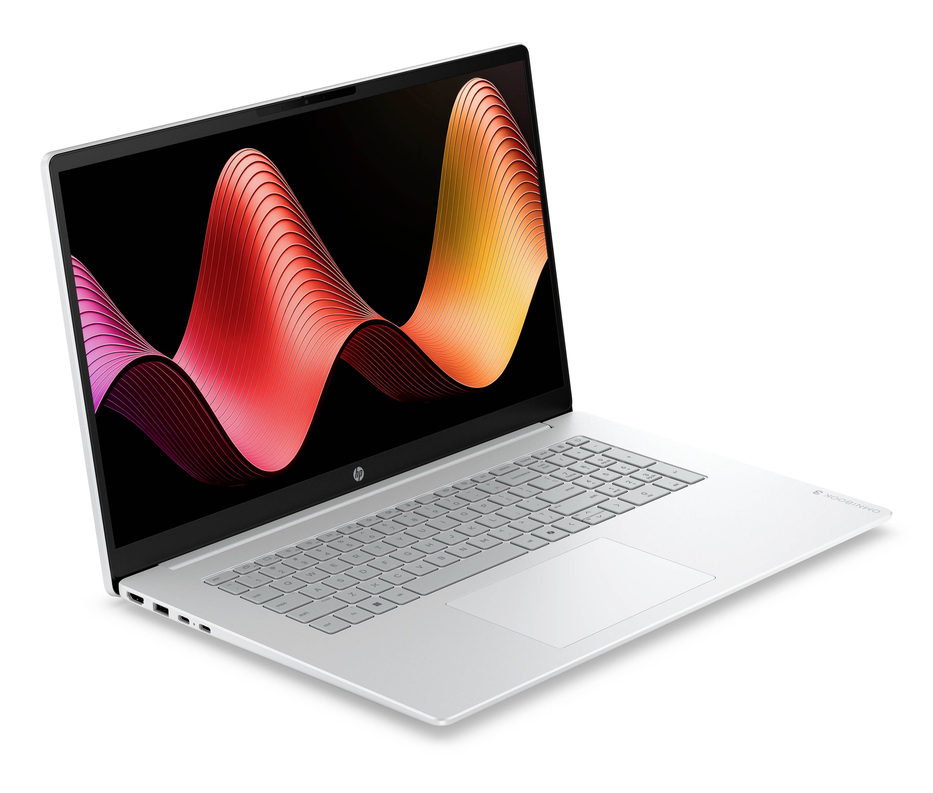 Silberner Laptop, unter einem Winkel geöffnet, mit einem schwarzen Bildschirm, auf dem bunte abstrakte Wellengrafiken zu sehen sind, und einer hellgrauen Tastatur auf weißem Hintergrund.