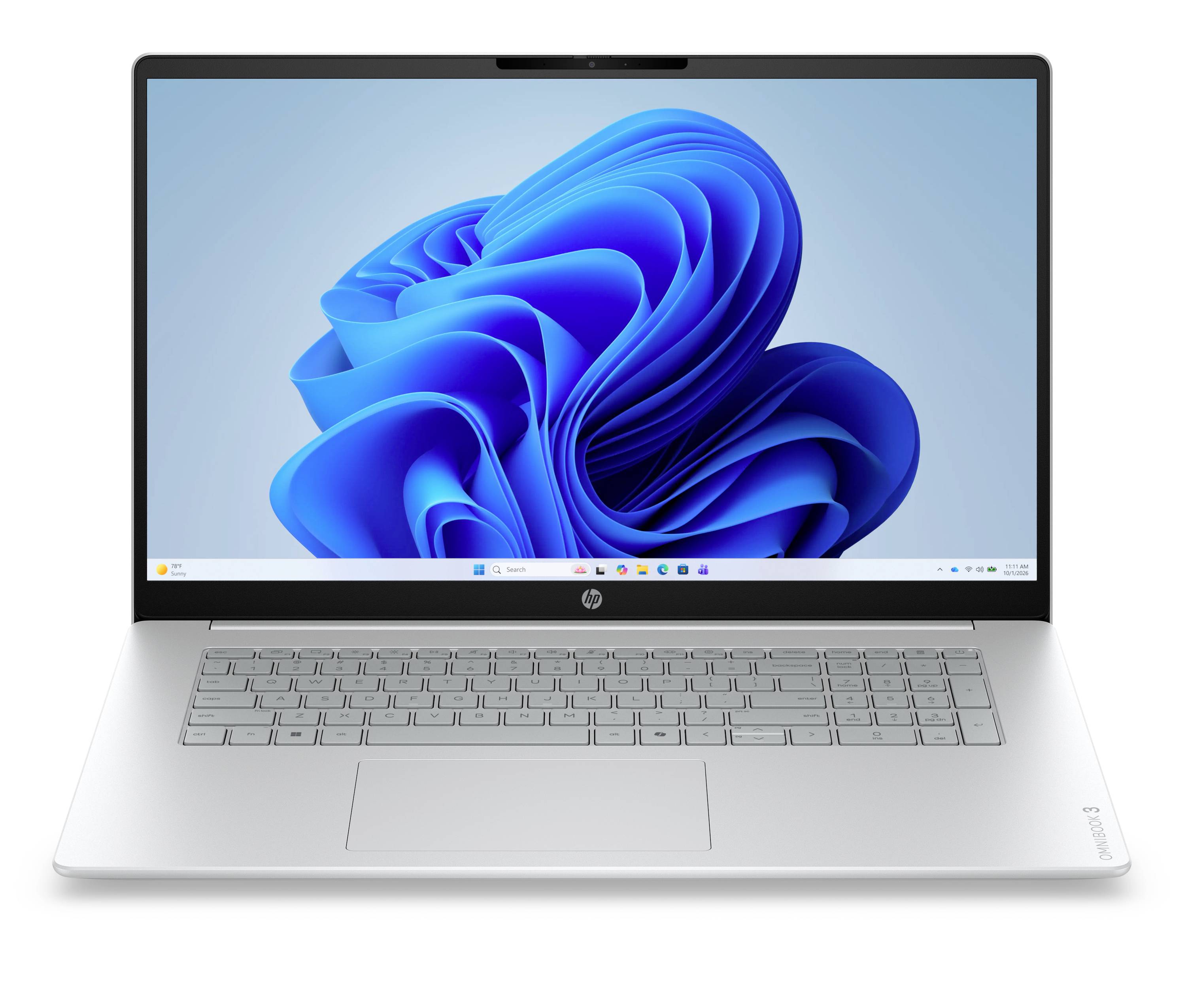 Silber-HP-Laptop offen mit Windows 11 blauem Wirbel-Hintergrundbild auf dem Bildschirm, Frontansicht auf weißem Hintergrund dargestellt.