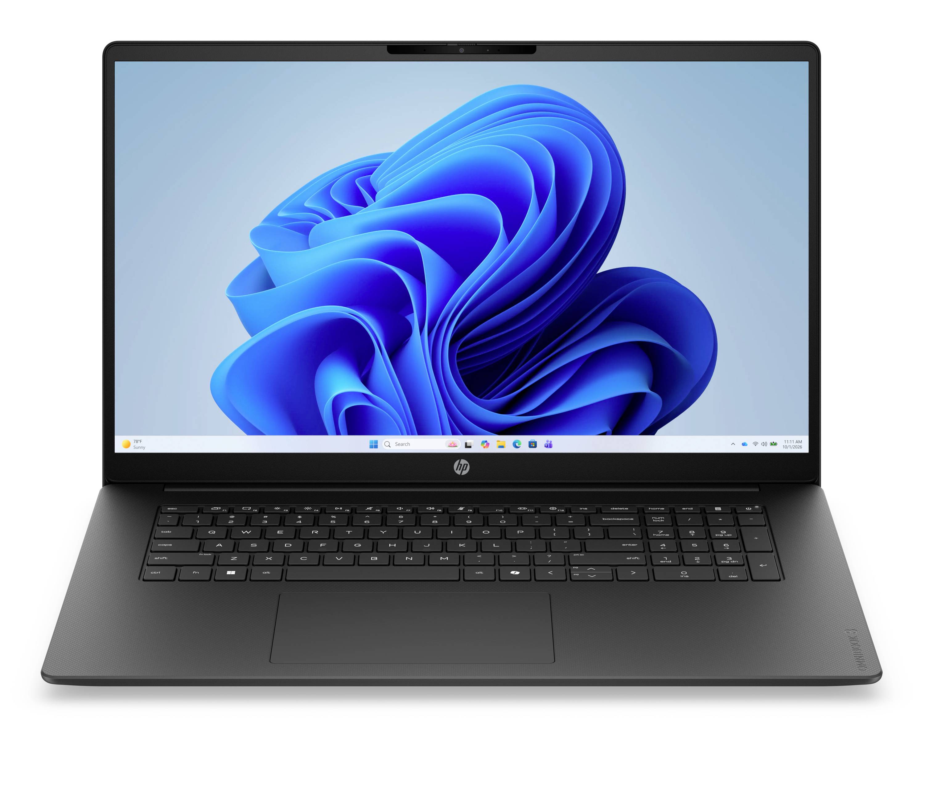 Schwarzer HP-Laptop geöffnet und frontal ausgerichtet, zeigt das Windows 11 blaue Wirbel-Hintergrundbild auf dem Bildschirm.