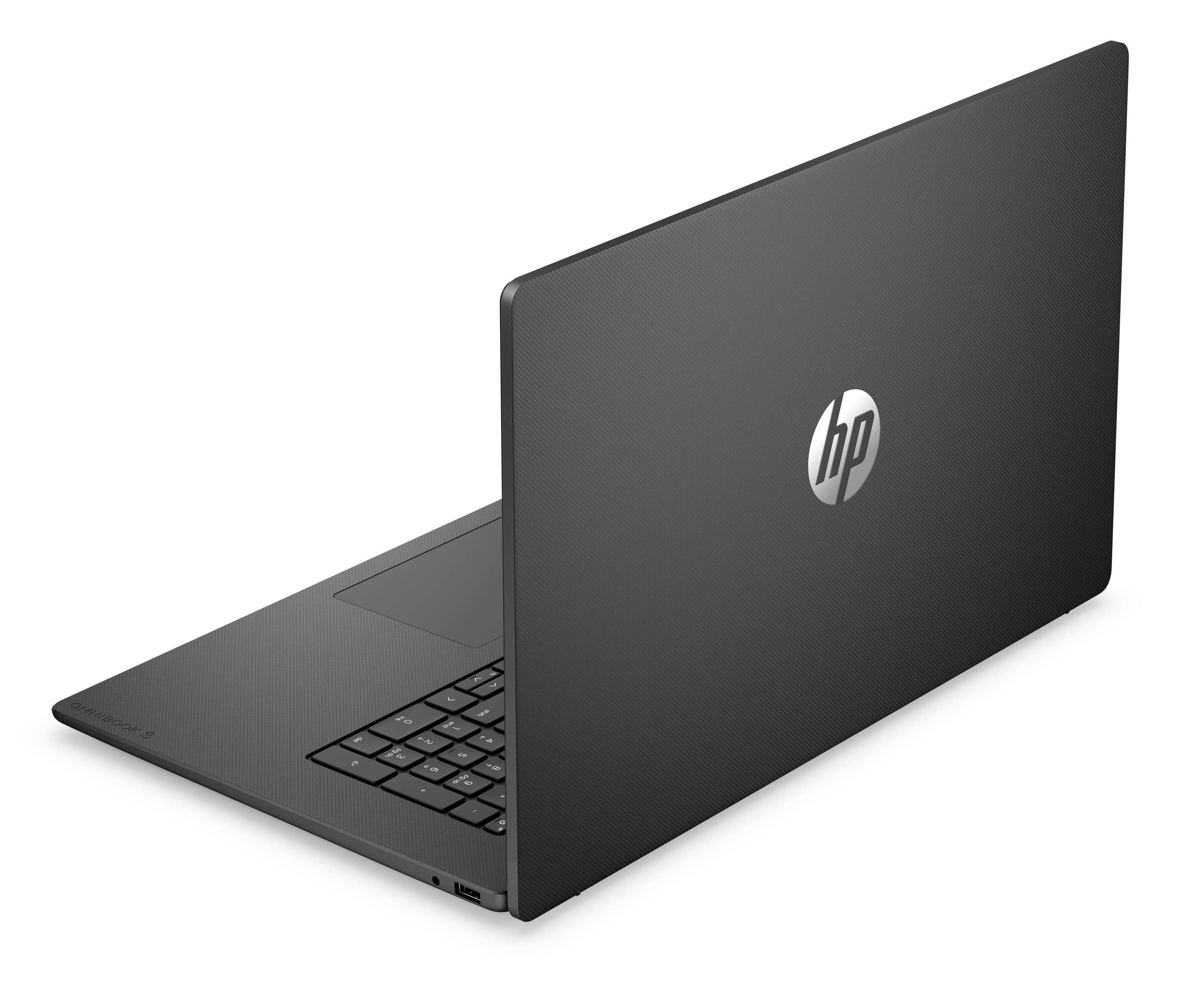 Schwarzer HP-Laptop, teilweise geöffnet auf weißem Hintergrund, mit sichtbarer Tastatur und Logo.