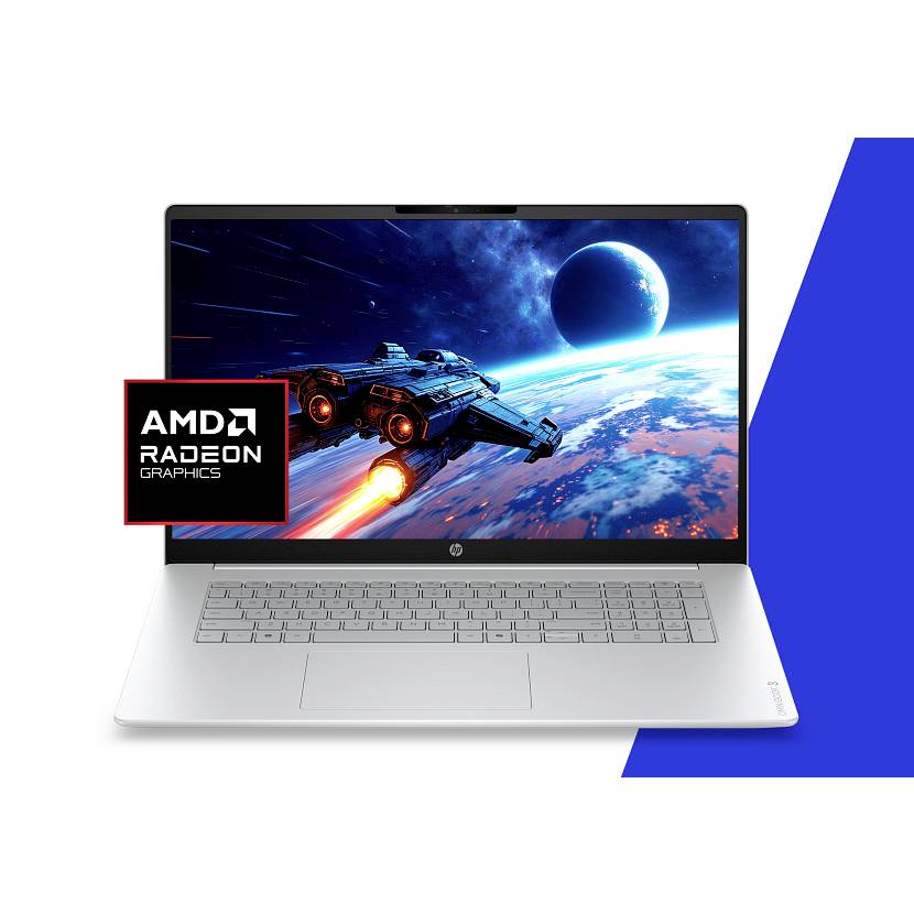 Silber-HP-Laptop mit einer Weltraum-Kampfszene auf dem Display, mit AMD Radeon Graphics-Logo-Overlay auf dem Bildschirm.