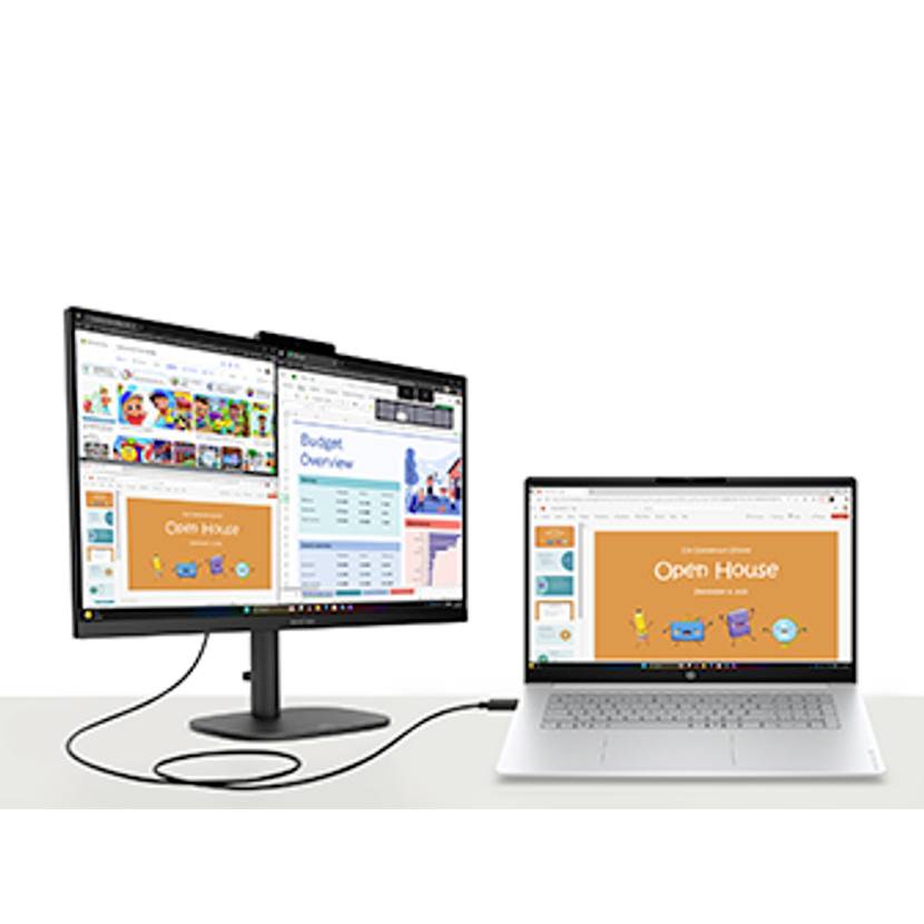 Laptop verbunden mit einem externen Monitor, beide zeigen Präsentations- und Tabellenkalkulationsfenster auf weißem Hintergrund an.