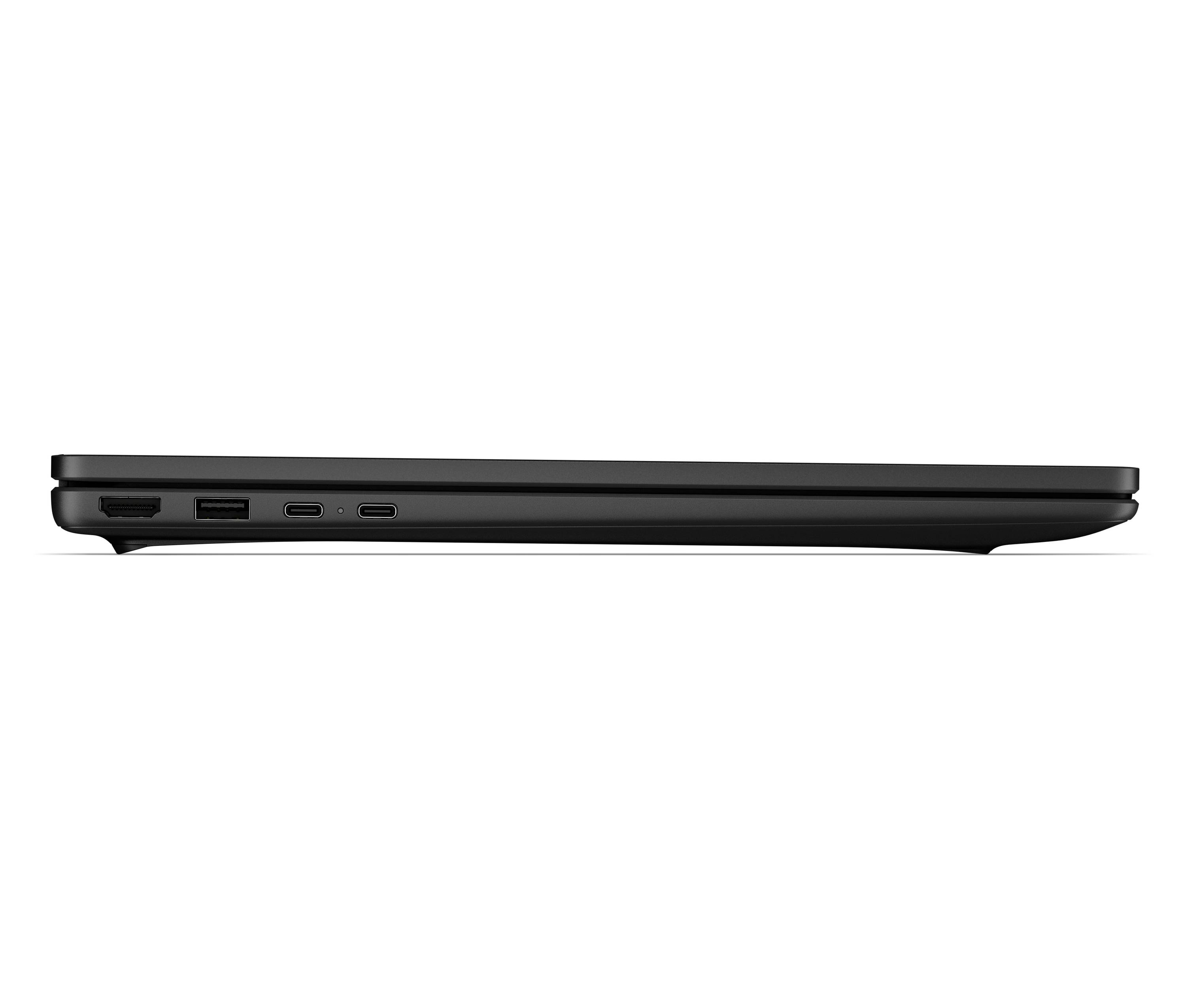 Seitenansicht eines geschlossenen schwarzen Laptops mit mehreren Anschlüssen an der linken Kante.