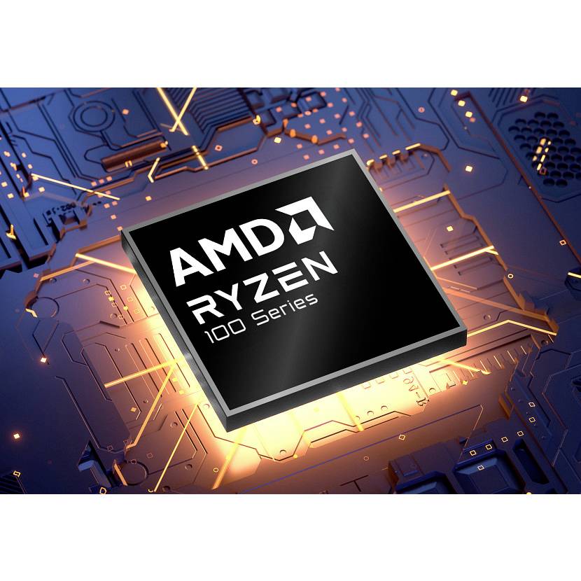 AMD Ryzen 100 Serie Prozessor-Chip, leuchtend auf einer Leiterplatte, dargestellt als Produktillustration.