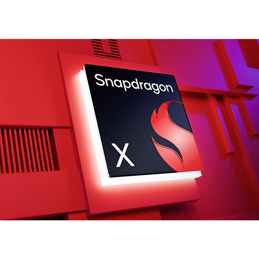 Stilisierte Snapdragon X Chip-Grafik auf rotem und magentaefarbenem Hintergrund, mit prominent angezeigtem Snapdragon-Logo und Buchstabe X.