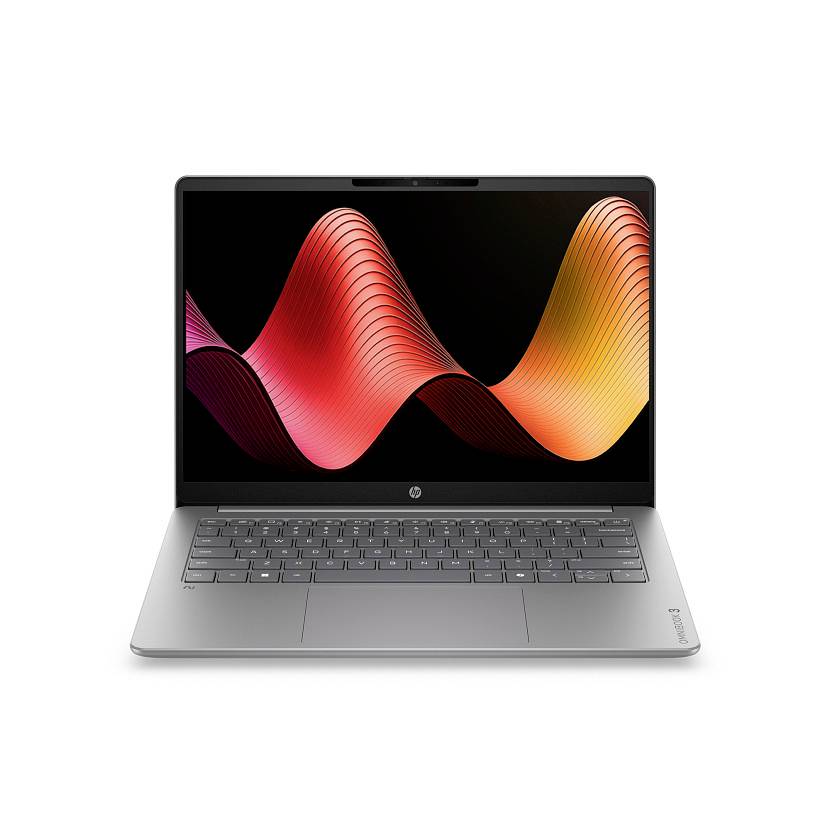 Silberner Laptop offen, zeigt ein farbenfrohes abstraktes Wellenmuster auf dem Bildschirm vor weißem Hintergrund.