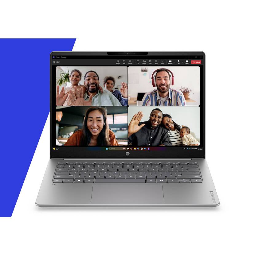 Silberner HP-Laptop mit einem Vier-Personen-Videoanruf in einem 2x2-Raster, wobei die Teilnehmer winken und lächeln.