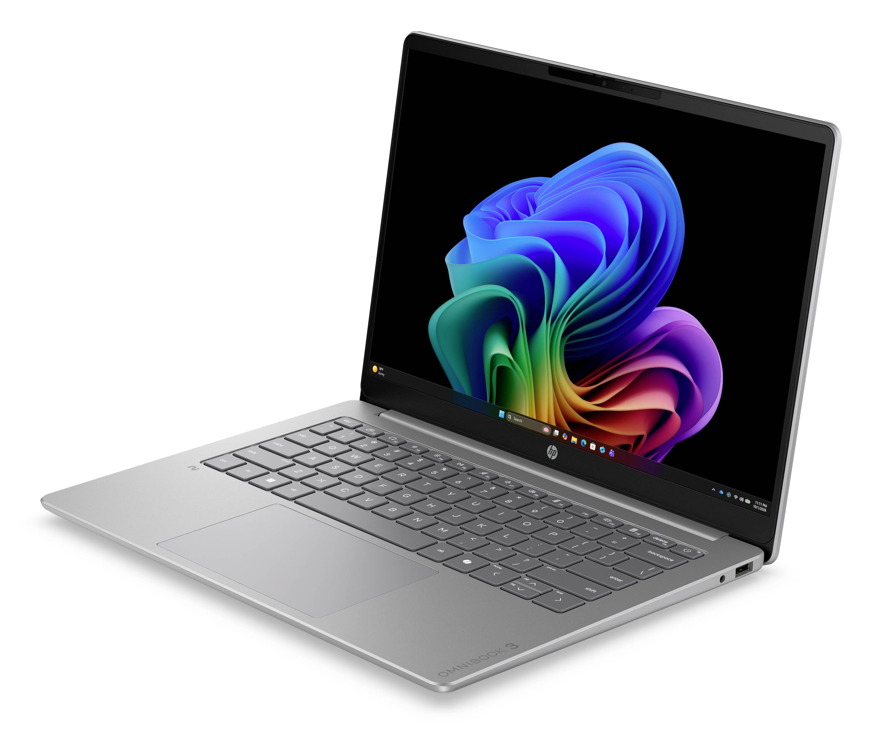 Silberner Laptop in einem Winkel geöffnet, auf dem Bildschirm ein farbenfroher abstrakter Wirbel-Hintergrund.