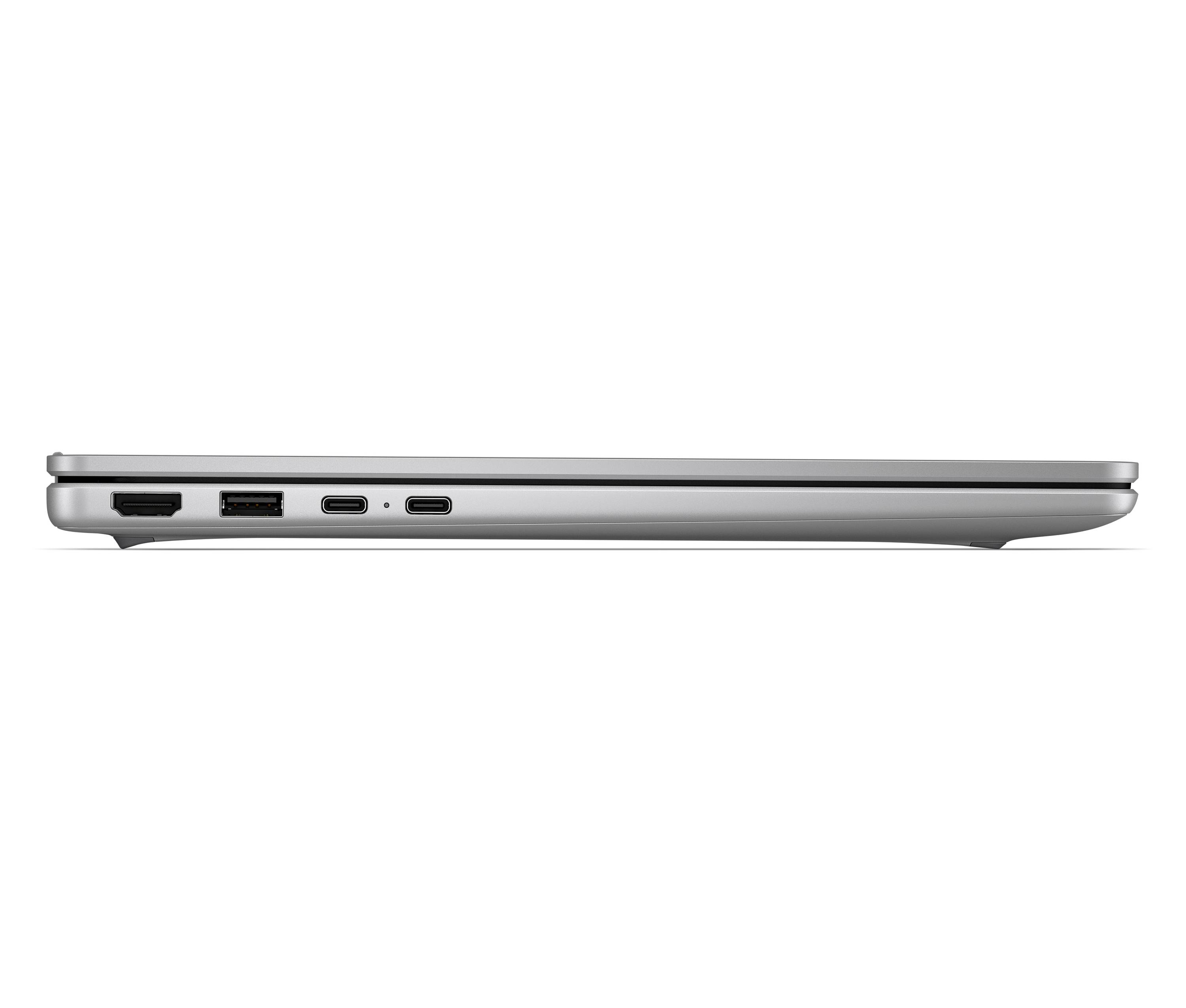 Seitenansicht eines geschlossenen silbernen Laptops, das seine linke Kante mit Anschlüssen und schlankem Profil auf weißem Hintergrund zeigt