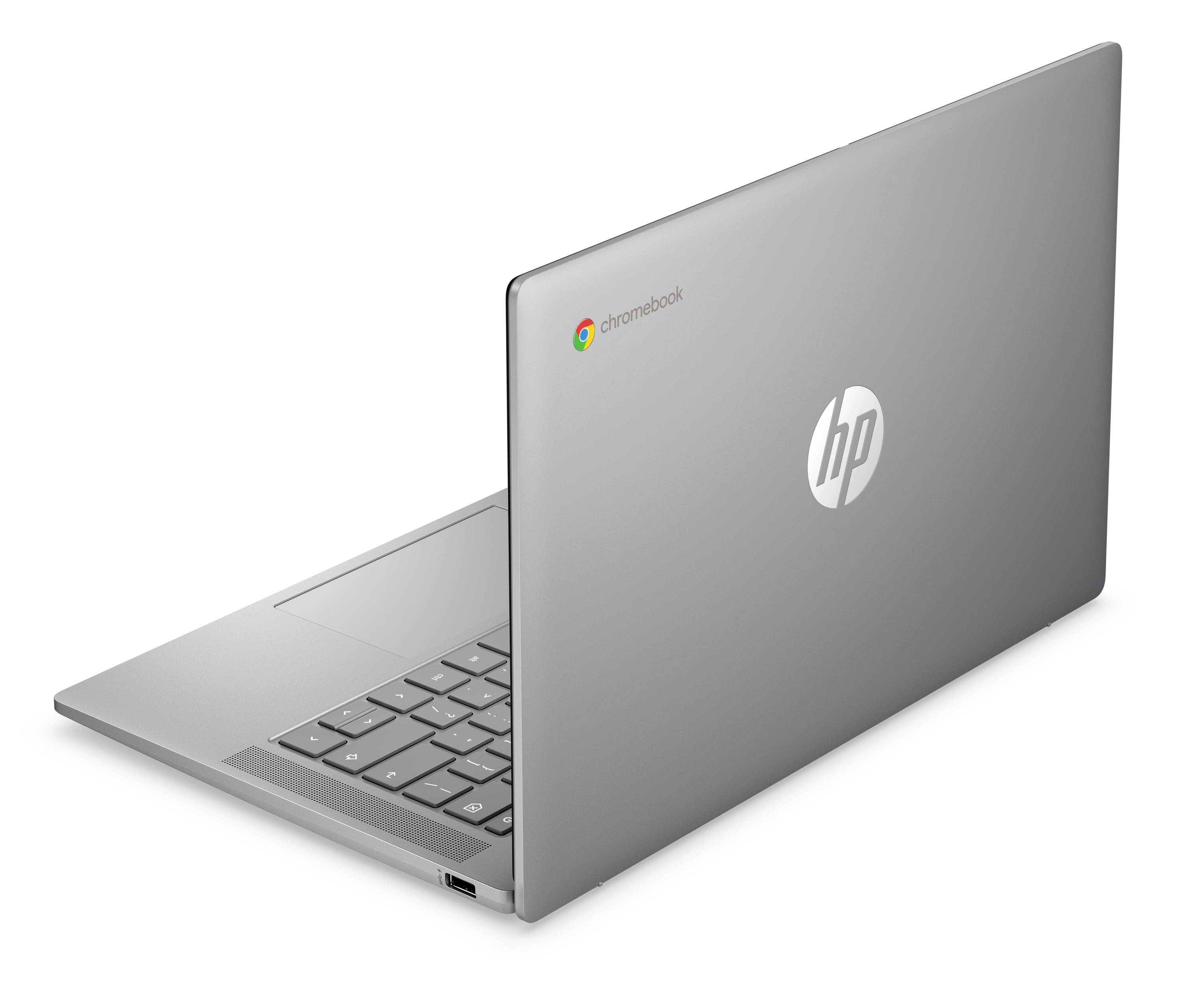 Silberner HP Chromebook-Laptop, teilweise geöffnet, mit sichtbarer Tastatur und Chrome-Logo auf dem Deckel.