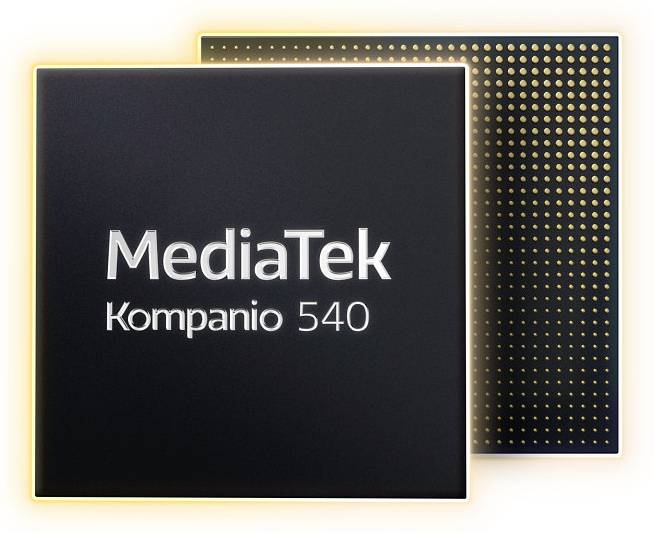 Nahaufnahme eines MediaTek Kompanio 540 Chips auf einem schwarzen quadratischen Prozessorgehäuse mit vergoldeten Kontakten.