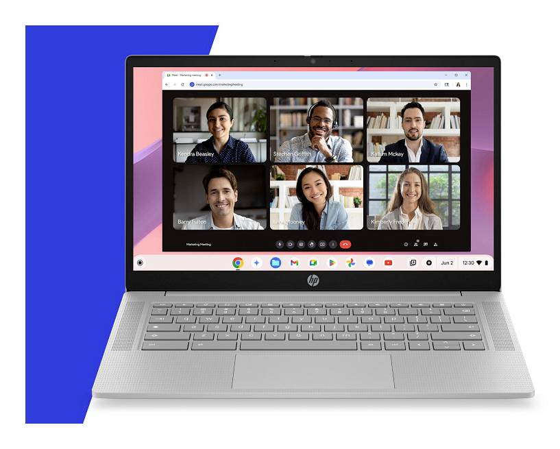 Laptop zeigt eine Videokonferenz mit sechs Teilnehmern in einem 2x3-Rasterformat auf einem browserbasierten Besprechungsbildschirm an.