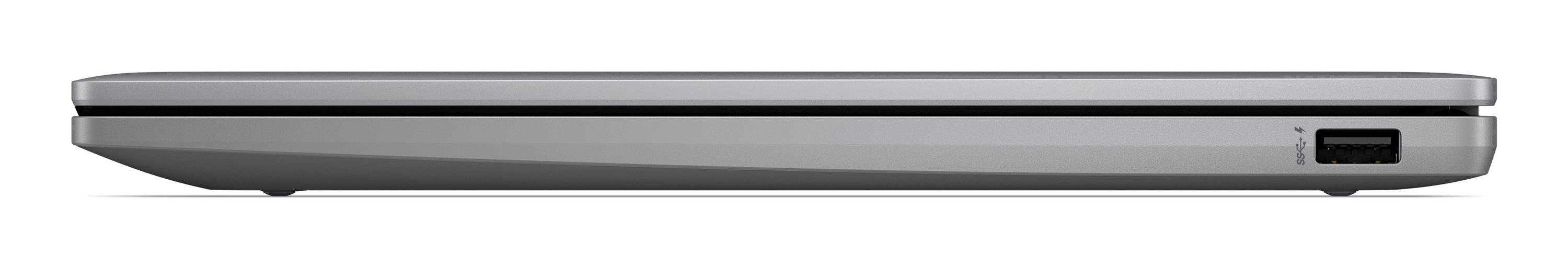 Seitenansicht eines geschlossenen silbernen Laptops, die ein dünnes Profil und einen Anschluss auf der rechten Seite zeigt.