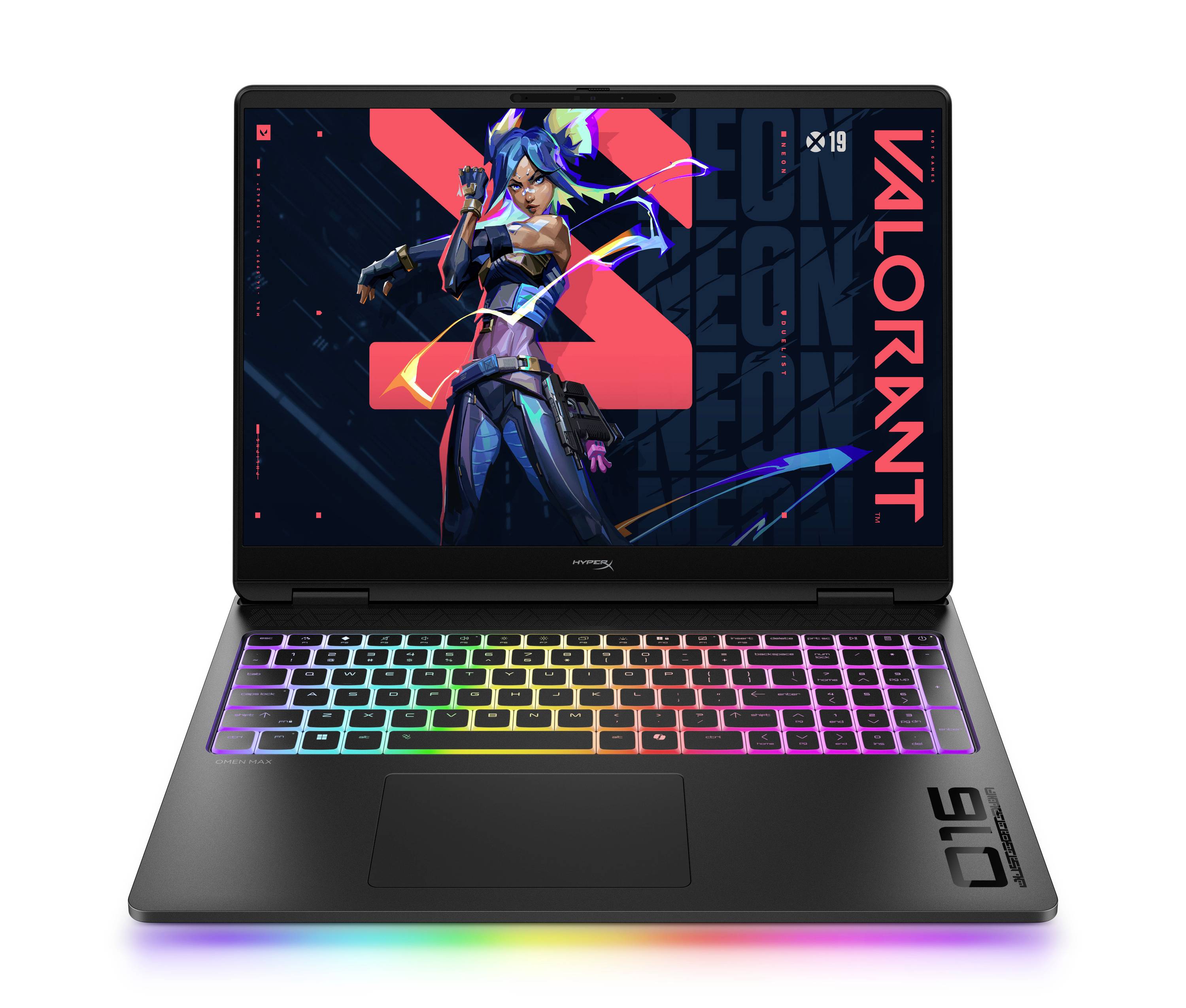 Ein Gaming-Laptop mit einer farbenfrohen RGB-Tastatur, die Valorant-Kunstwerk auf dem Bildschirm anzeigt.