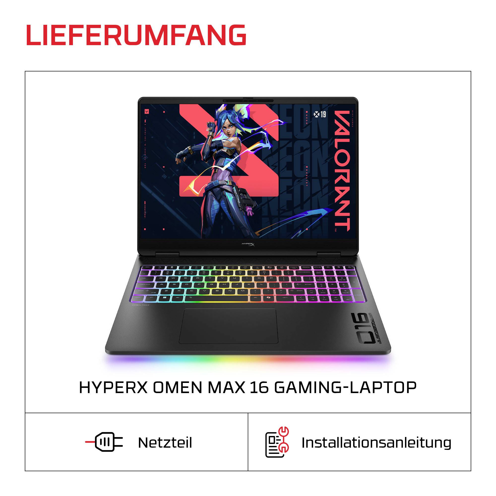 Produktpaketinhalt für HyperX Omen Max 16 Gaming-Laptop, zeigt den Laptop, das Netzteil und die Installationsanleitung.