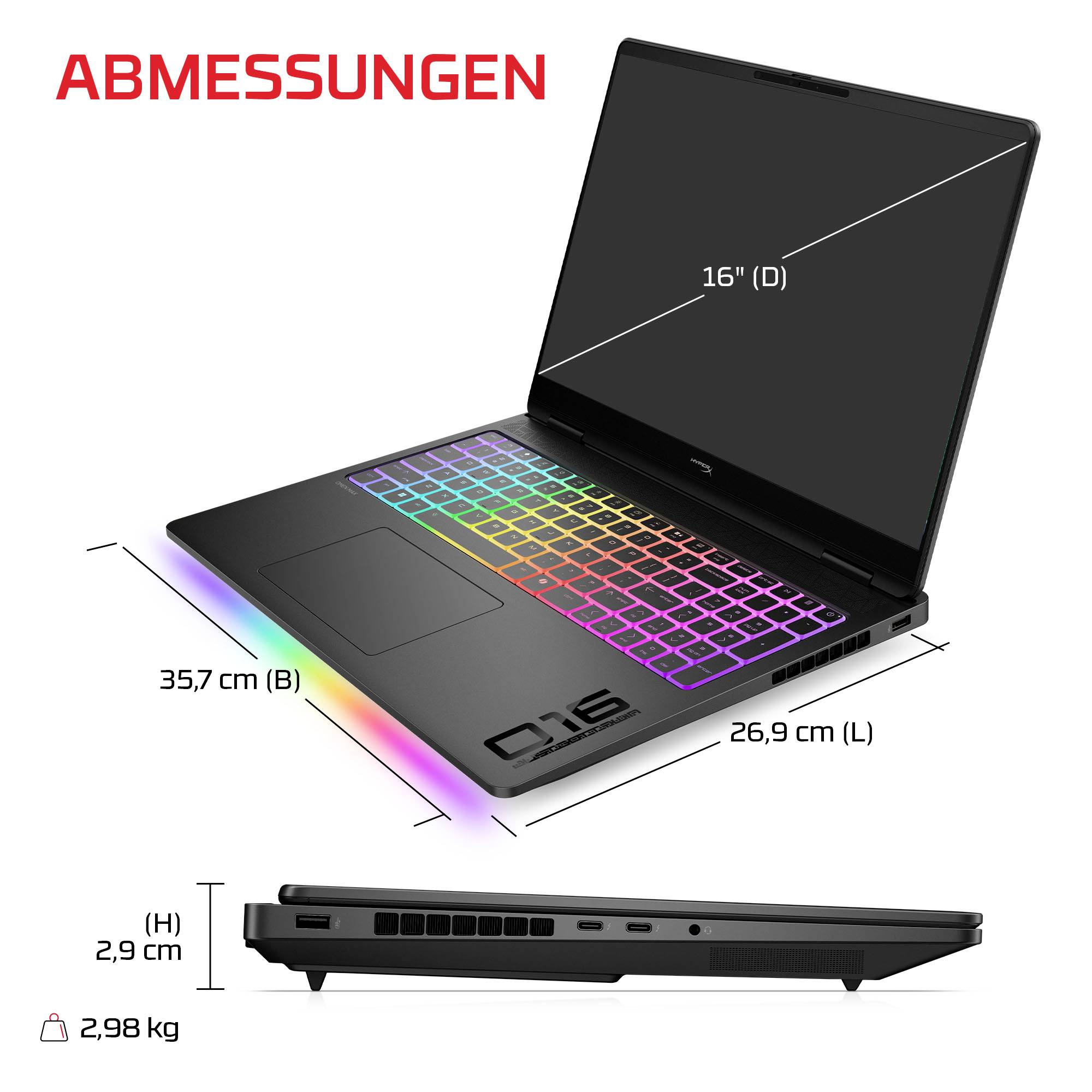 Laptop-Größendiagramm mit der Bezeichnung „ABMESSUNGEN" mit 16-Zoll-Display, 35,7 cm Breite, 26,9 cm Tiefe, 2,9 cm Höhe und 2,98 kg Gewicht.