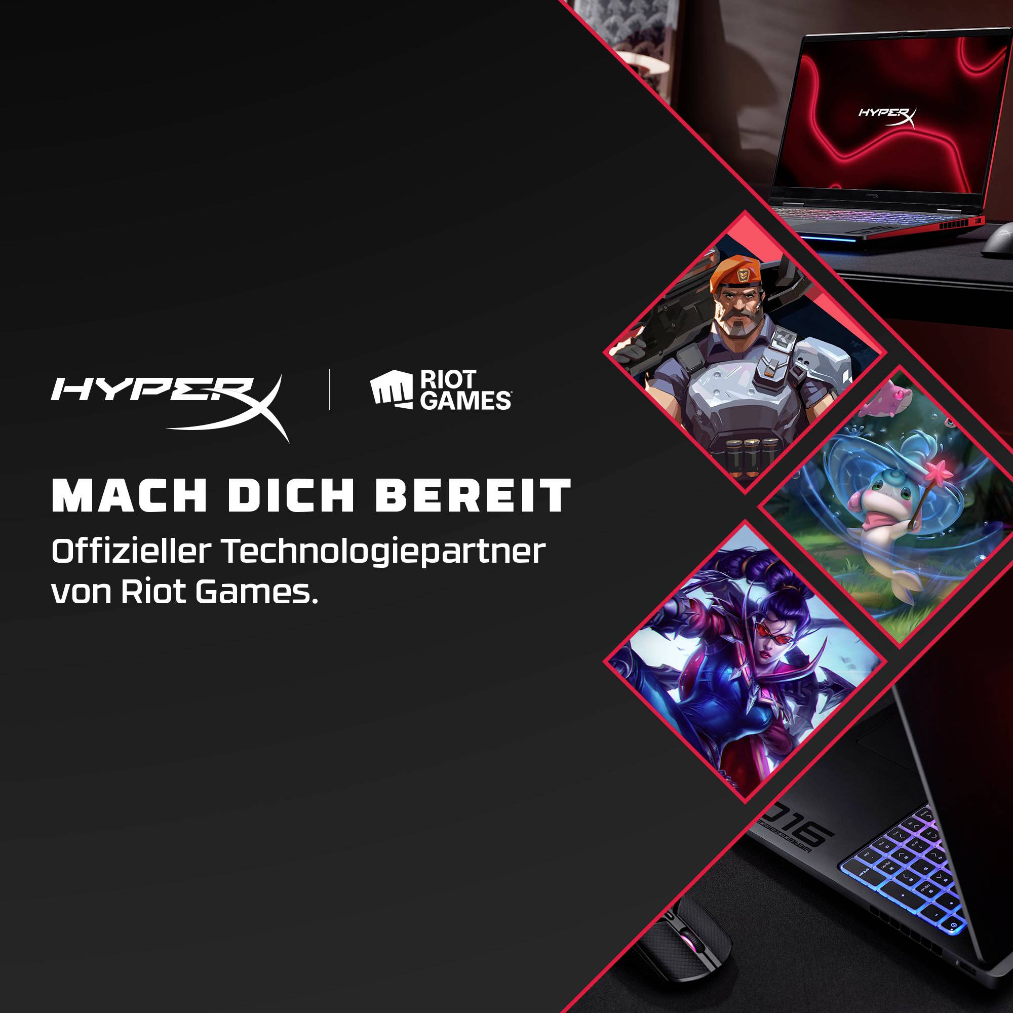 # HyperX und Riot Games Partnerschaftswerbung mit dem deutschen Text „MACH DICH BEREIT" und „Offizieller Technologiepartner von Riot Games." mit Spielcharakteren und Gaming-Laptop-Ausrüstung.