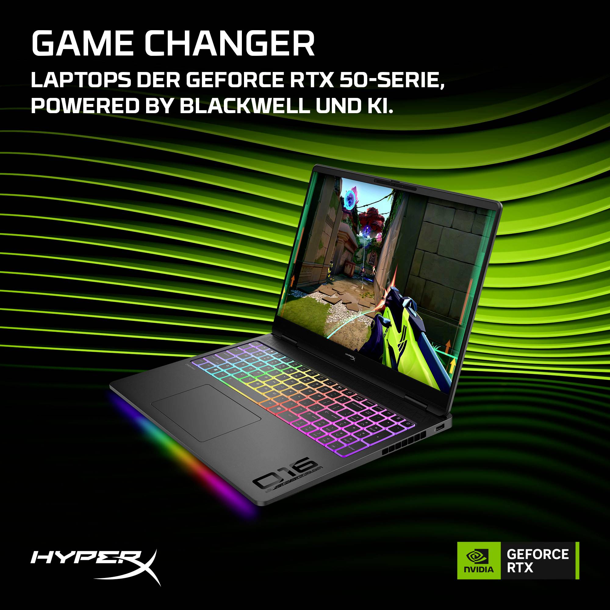 Werbebild eines HyperX-Laptops mit regenbogenbeleuchtetem Keyboard, auf dem Bildschirm wird ein Spiel angezeigt; der Text lautet „GAME CHANGER" und „LAPTOPS DER GEFORCE RTX 50-SERIE, POWERED BY BLACKWELL UND KI."