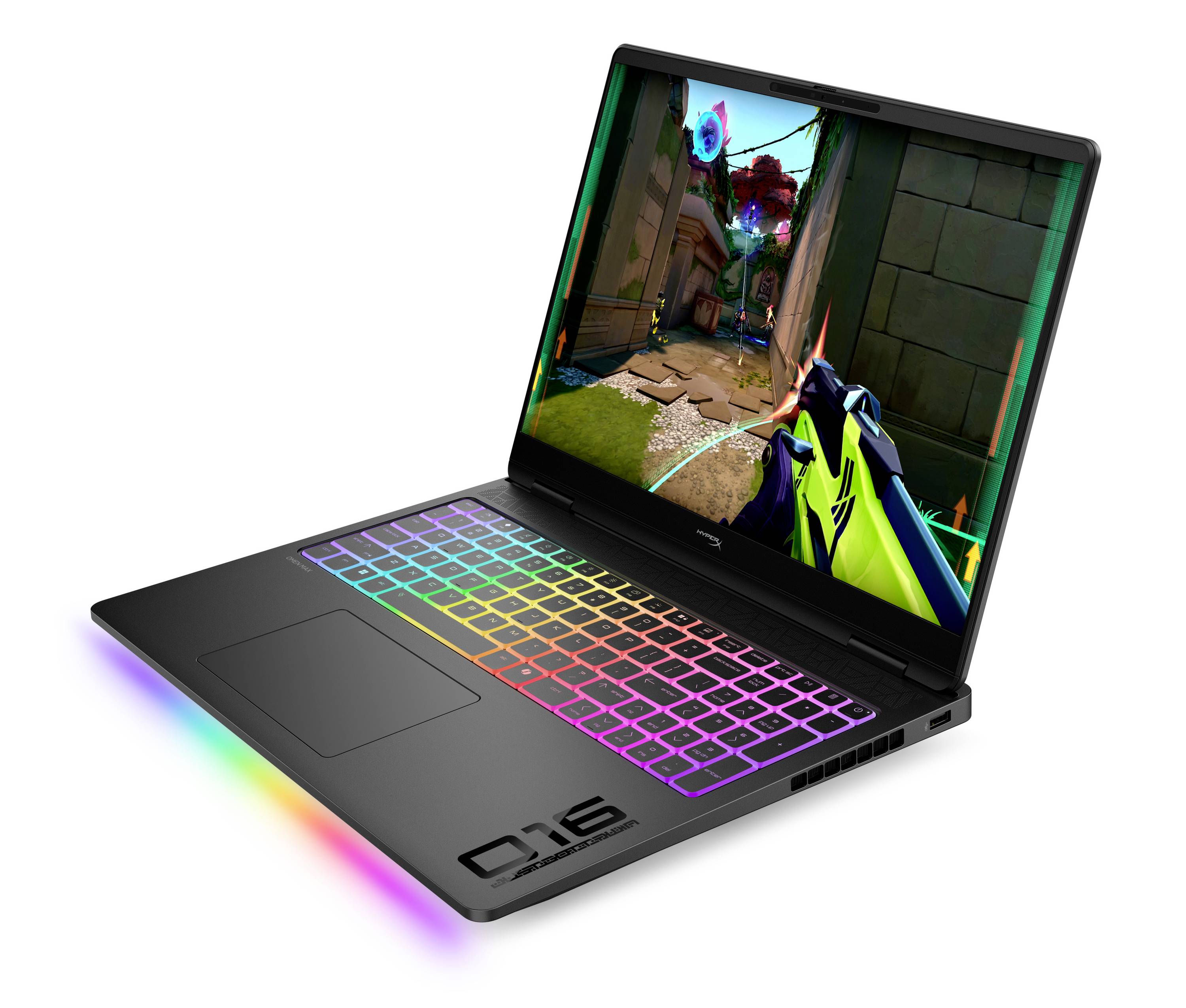Schwarzer Gaming-Laptop mit regenbogenfarbig beleuchteter Tastatur und einem Action-Spiel auf dem Bildschirm angezeigt.