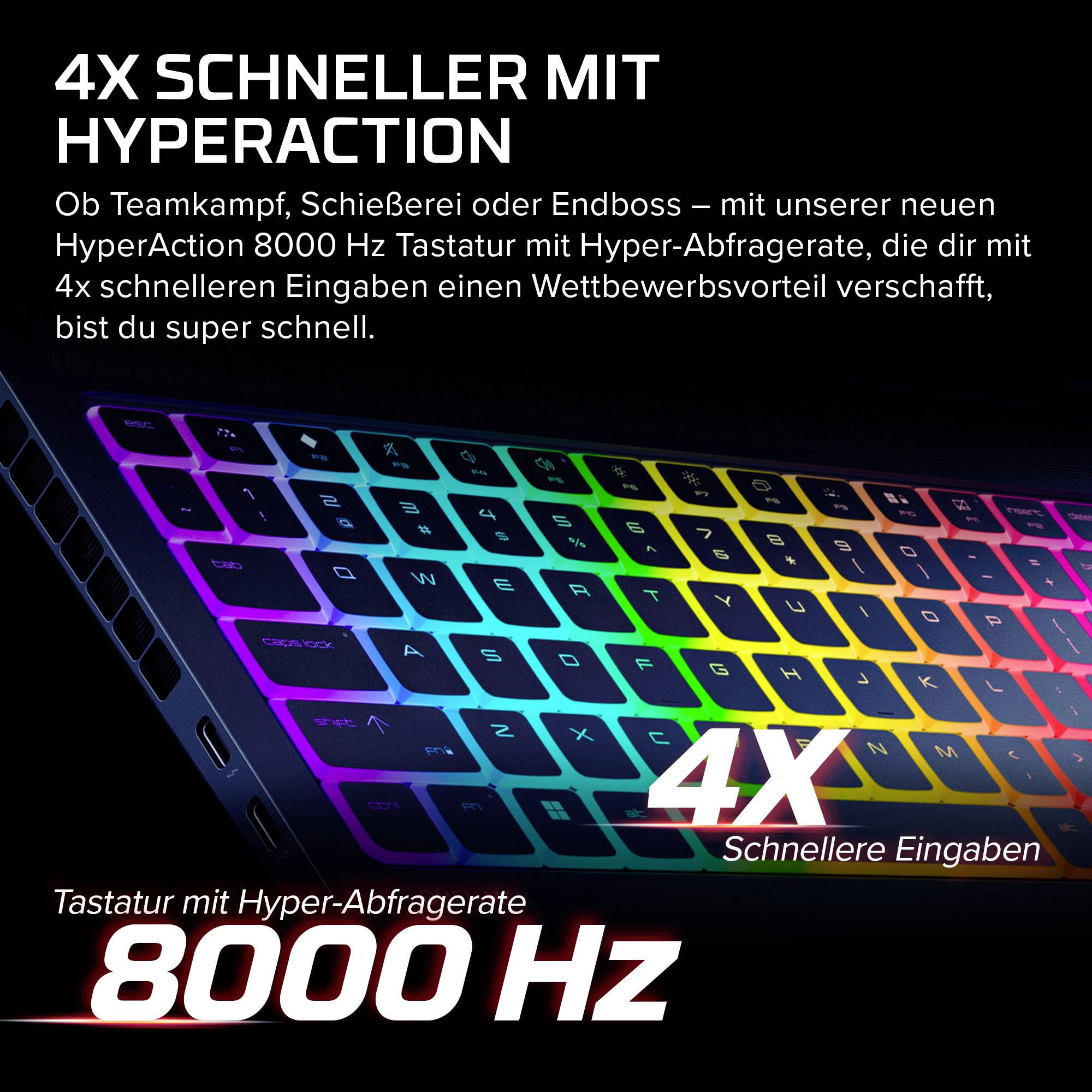 Beworbene Grafik einer regenbogenfarbig beleuchteten Gaming-Tastatur, die '4X schneller mit HyperAction' und '8000 Hz' für schnellere Eingaben bewirbt.