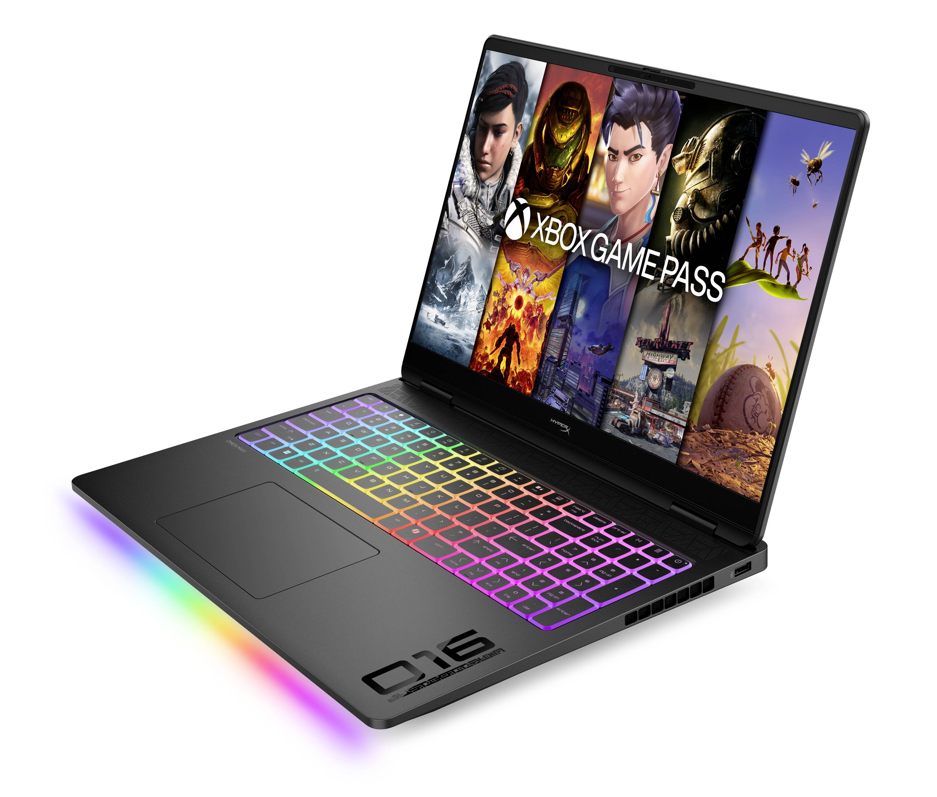 Ein Gaming-Laptop mit regenbogenfarbig beleuchteter Tastatur und ein Xbox Game Pass-Bildschirm, der Spiel-Grafiken anzeigt.