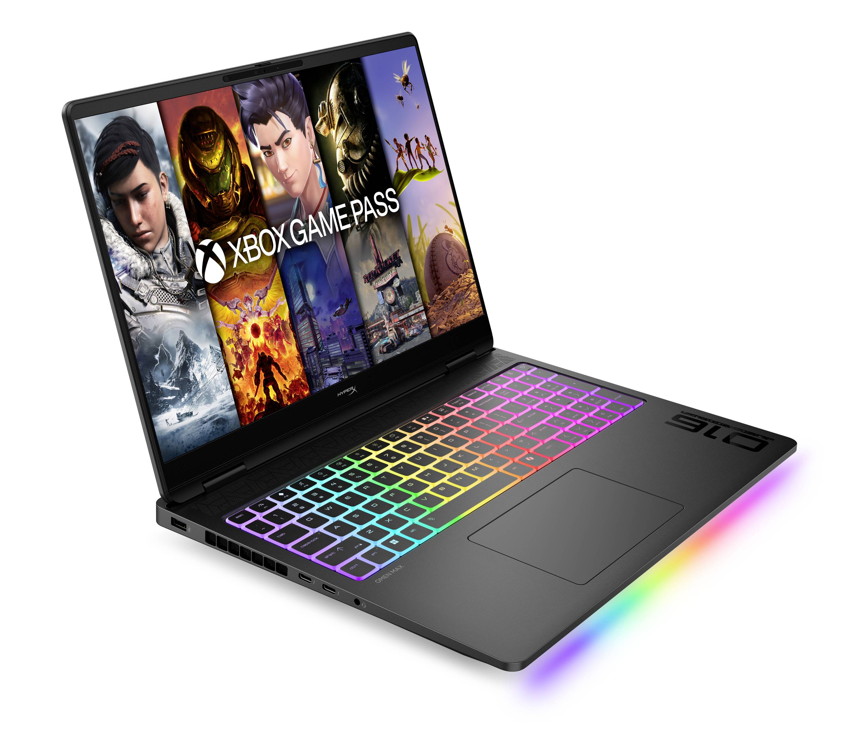 Gaming-Laptop mit regenbogenfarbig beleuchteter Tastatur und leuchtendem Rand, Bildschirm zeigt Xbox Game Pass Spiele-Collage.