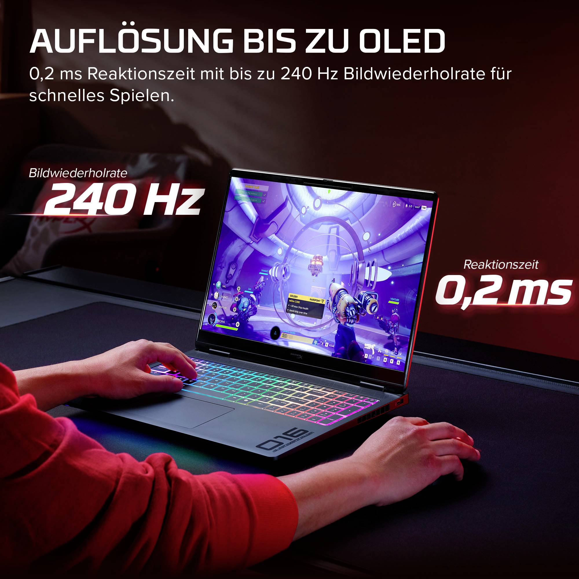 Gaming-Laptop-Anzeige mit "AUFLÖSUNG BIS ZU OLED", 240-Hz-Bildwiederholfrequenz und 0,2-ms-Reaktionszeit für schnelle Spiele.