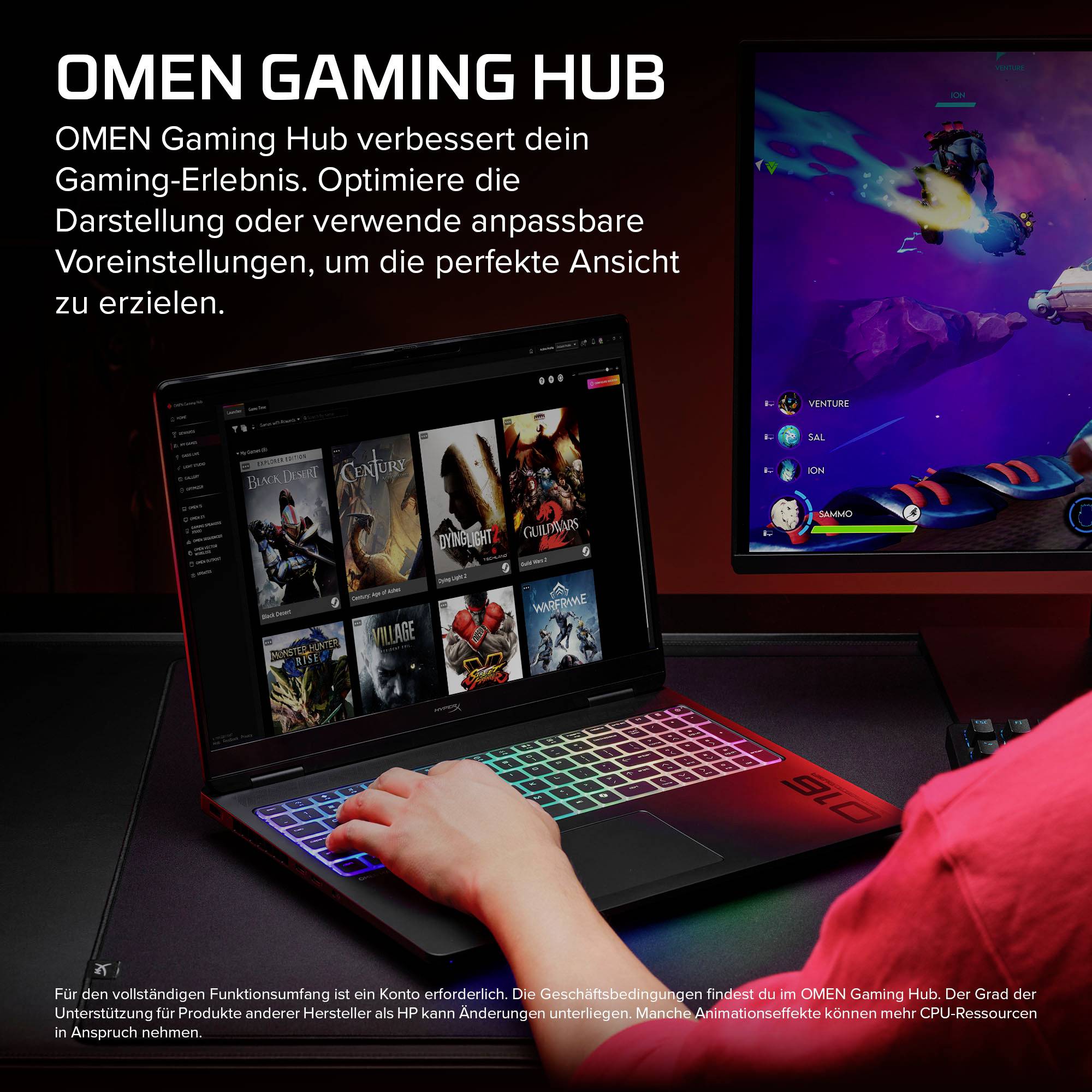 Werbegrafik für OMEN Gaming Hub zeigt einen Laptop mit der geöffneten App, anpassbaren Gaming-Display-Einstellungen und ein Spiel auf einem externen Monitor.