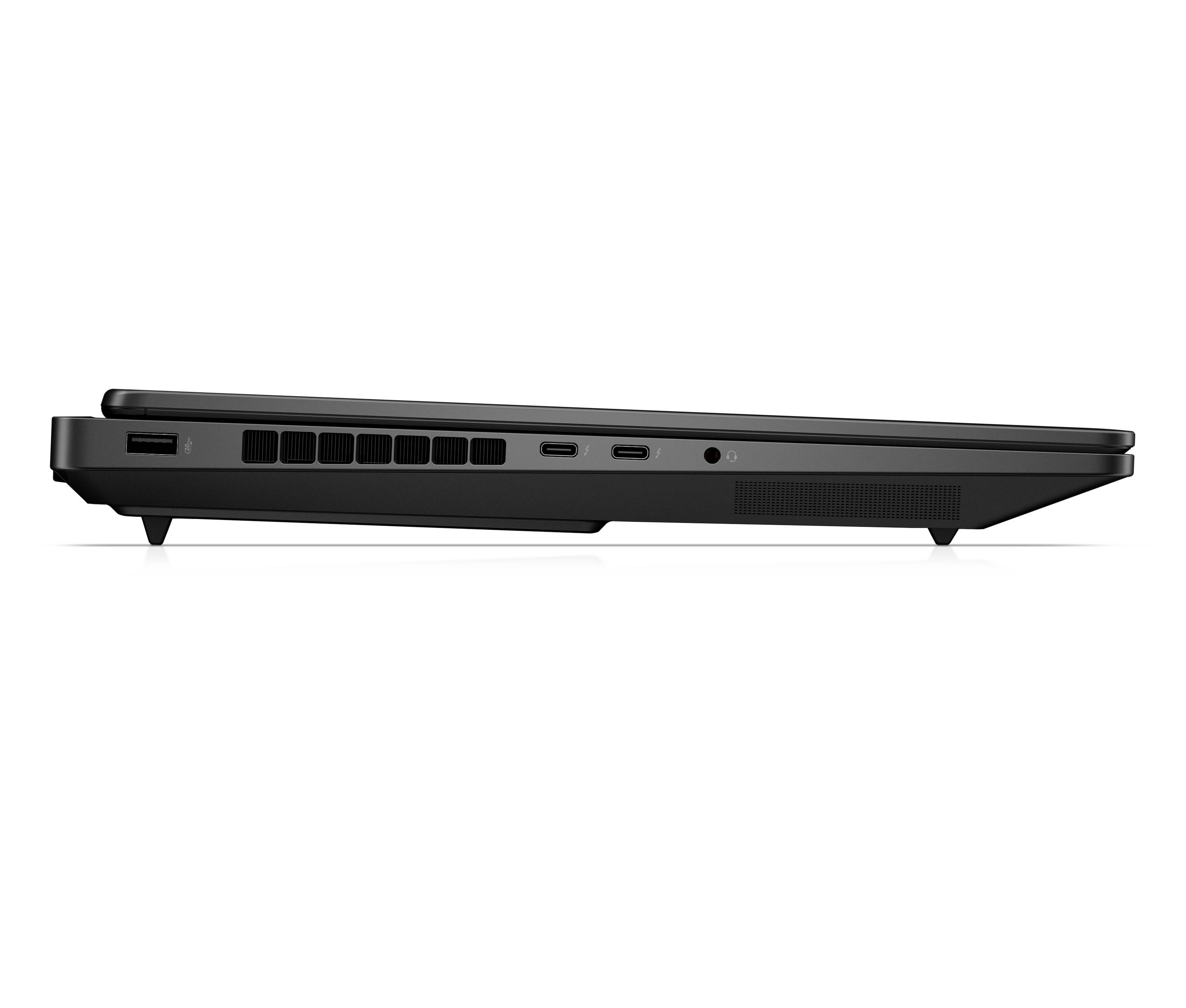 Seitenansicht eines schwarzen Laptops, der die Anschlüsse auf der linken Seite und Kühlungsöffnungen auf weißem Hintergrund zeigt.
