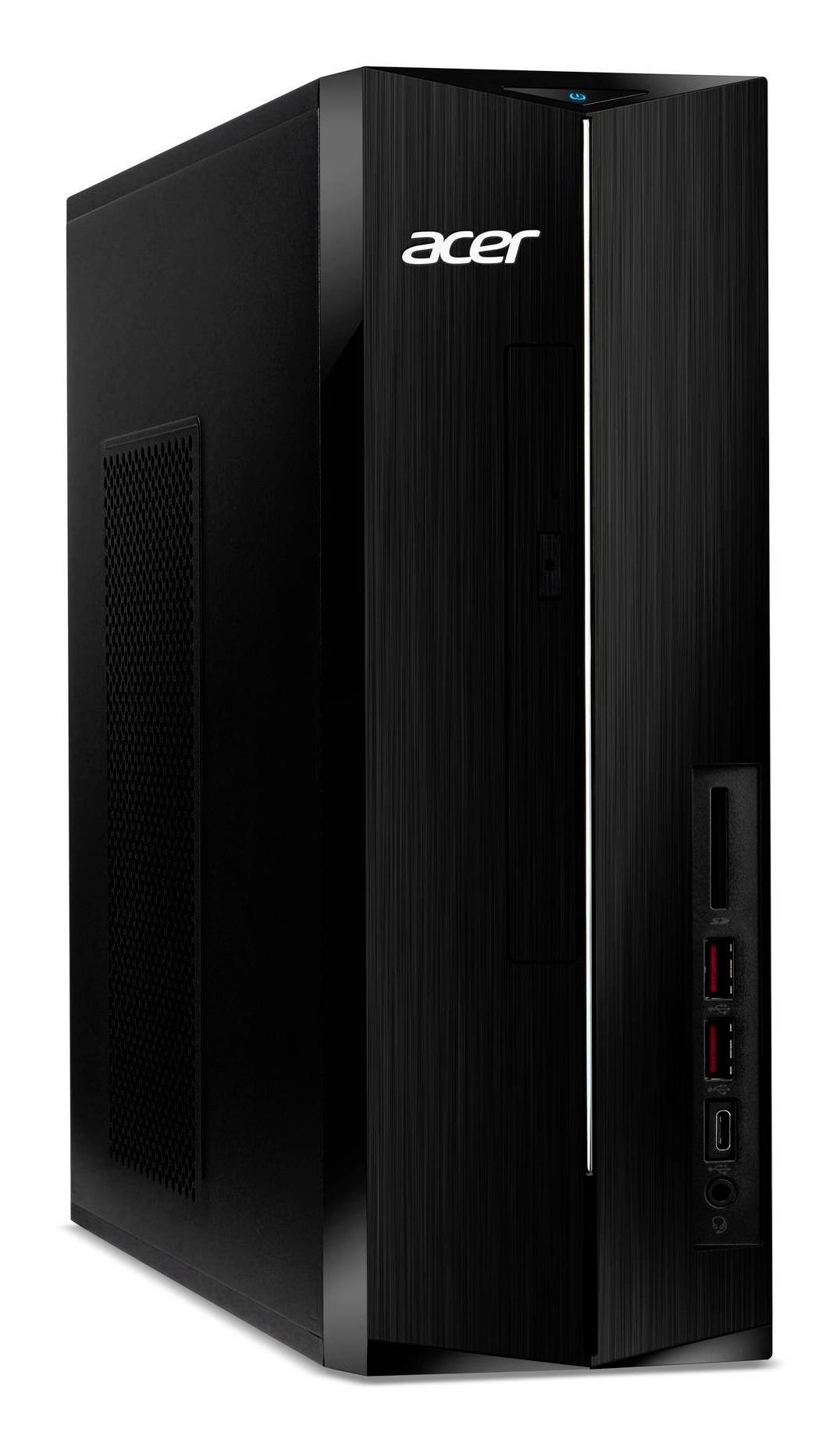 Schwarzer Acer Desktop-Turm-Computer mit vorderen USB-Anschlüssen und Ein-/Ausschalter auf einfachem weißem Hintergrund.