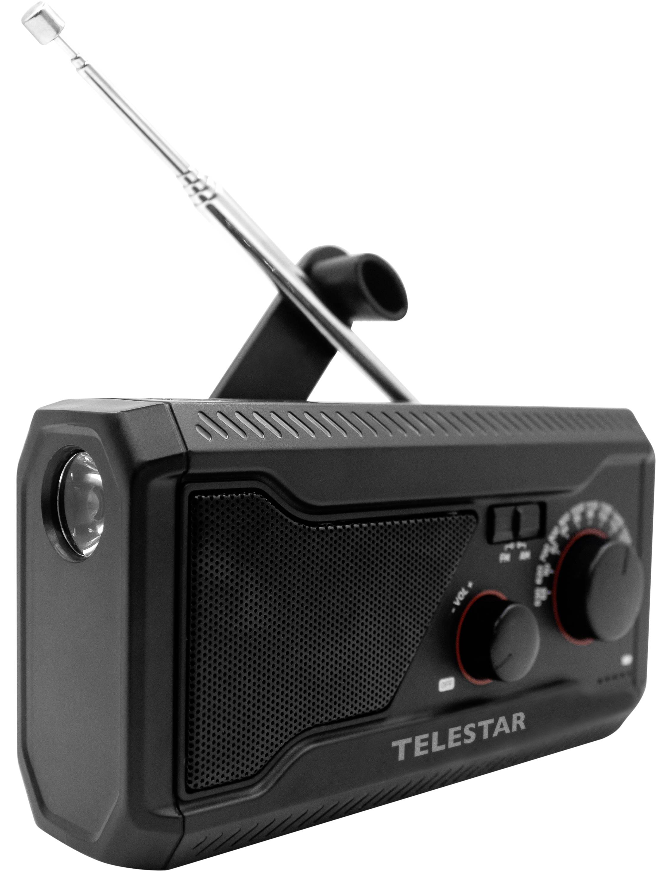 Tragbares schwarzes Telestar-Radio mit Antenne und Abstimmreglern auf weißem Hintergrund