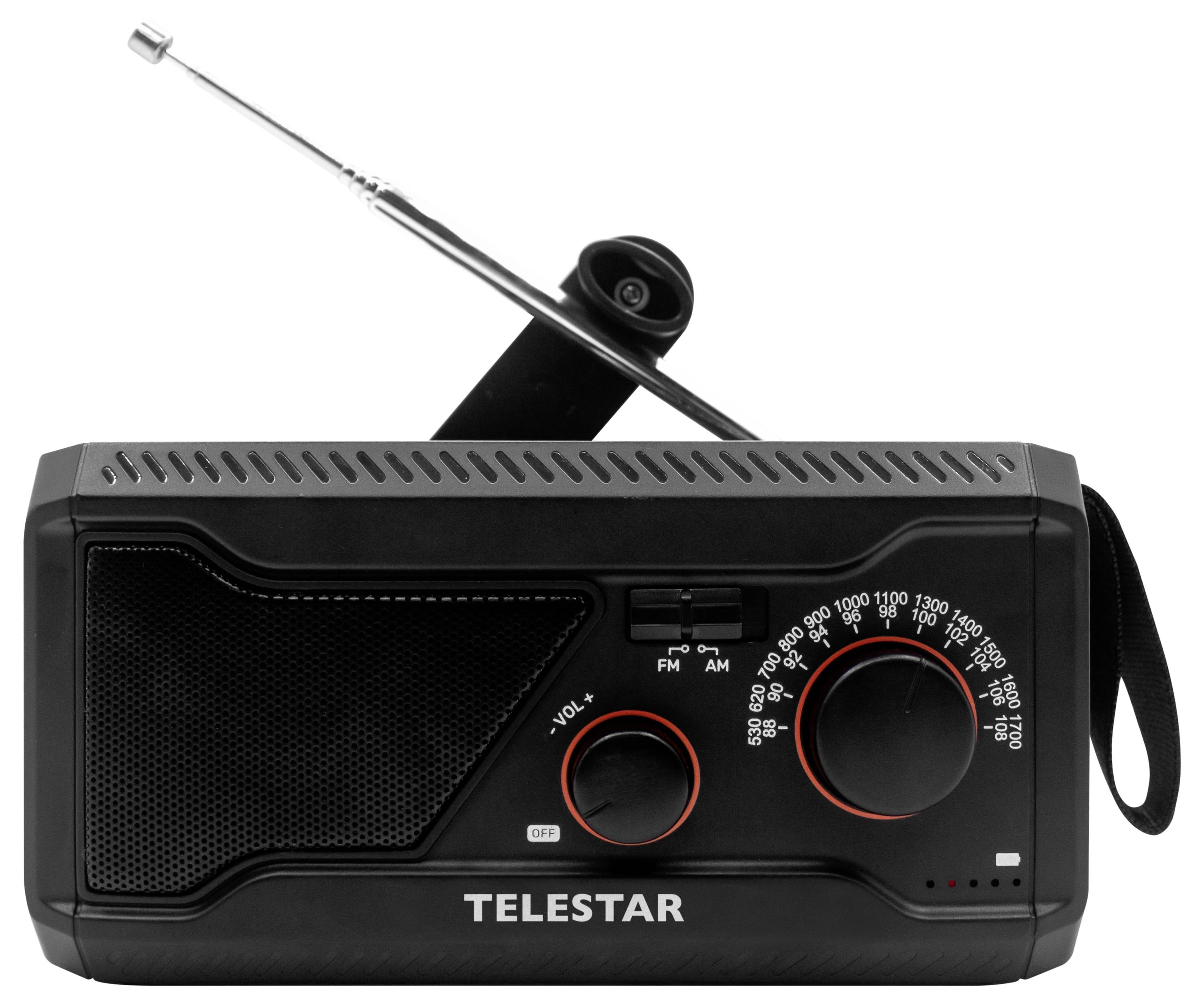 Tragbares schwarzes Telestar-Radio mit ausfahrbarer Antenne, Lautsprechergitter und zwei Abstimm-/Lautstärkereglern auf weißem Hintergrund.