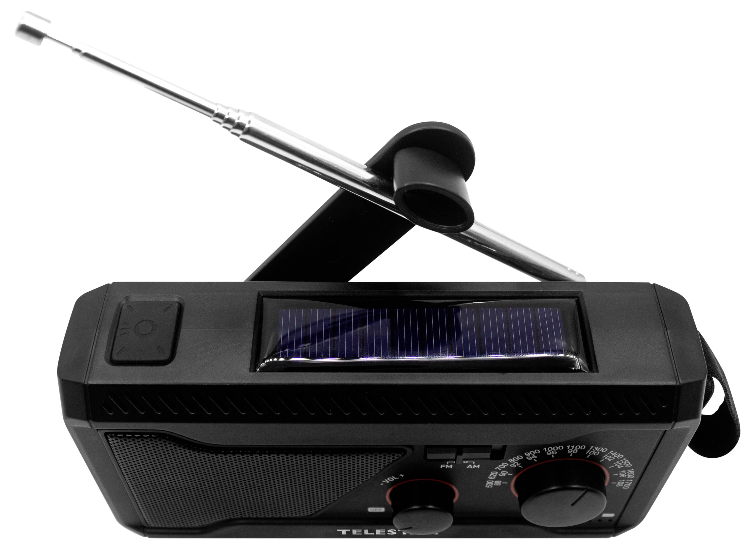 Tragbares schwarzes solarbetriebenes Notfallradio mit Kurbel-Antenne, Solarpanel, Lautsprechergitter und Abstimmungsreglern auf weißem Hintergrund