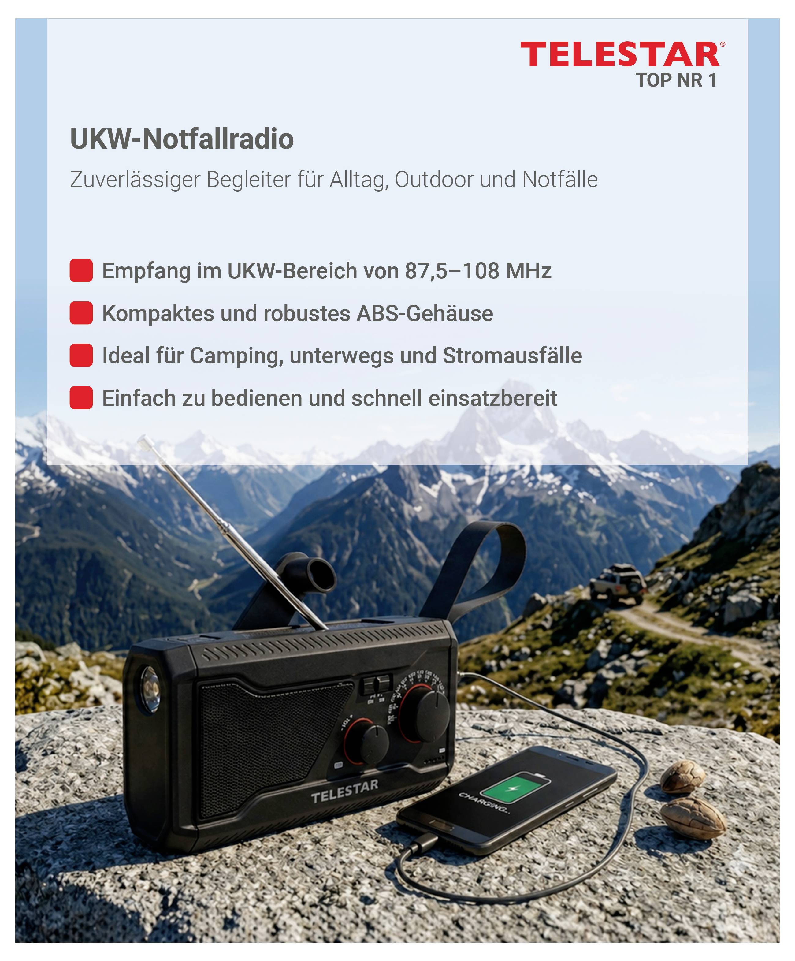 TELSTAR UKW-Notfallradio Anzeige mit einem robusten tragbaren UKW-Radio und Smartphone-Ladegerät, mit aufgelisteten Funktionen für den Empfang von 87,5–108 MHz, strapazierfähiges ABS-Gehäuse, Campingnutzung und schnelle Einsatzbereitschaft.