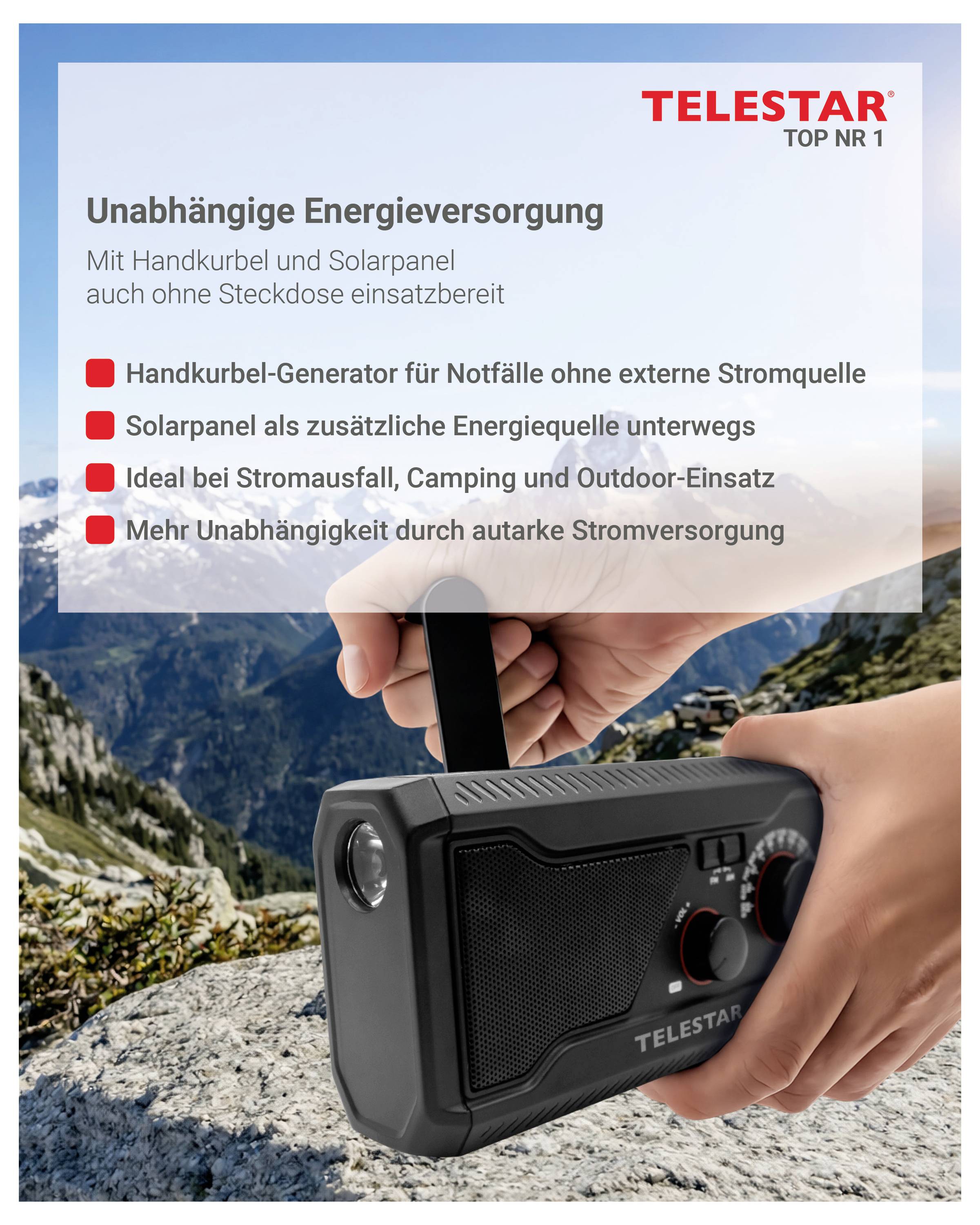 TELSTAR Notfallradio mit Handkurbel und Solarpanel, das eine unabhängige Stromversorgung bei Stromausfällen, beim Camping und für den Outdoor-Einsatz fördert.