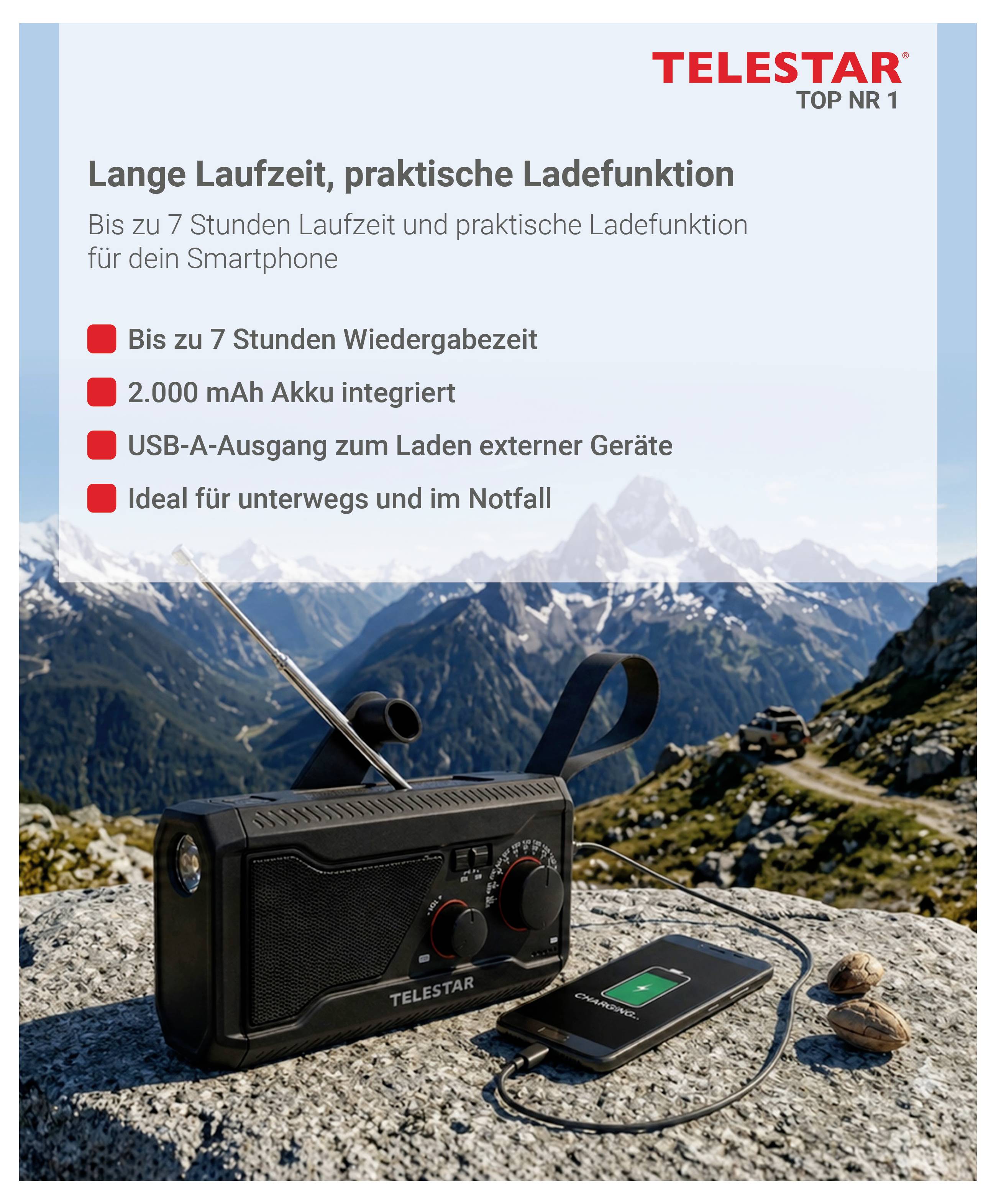 Telestar tragbares Radio mit Smartphone-Ladefunktion, mit bis zu 7 Stunden Wiedergabezeit, eingebautem 2000-mAh-Akku und USB-A-Ausgang zum Laden von Geräten.
