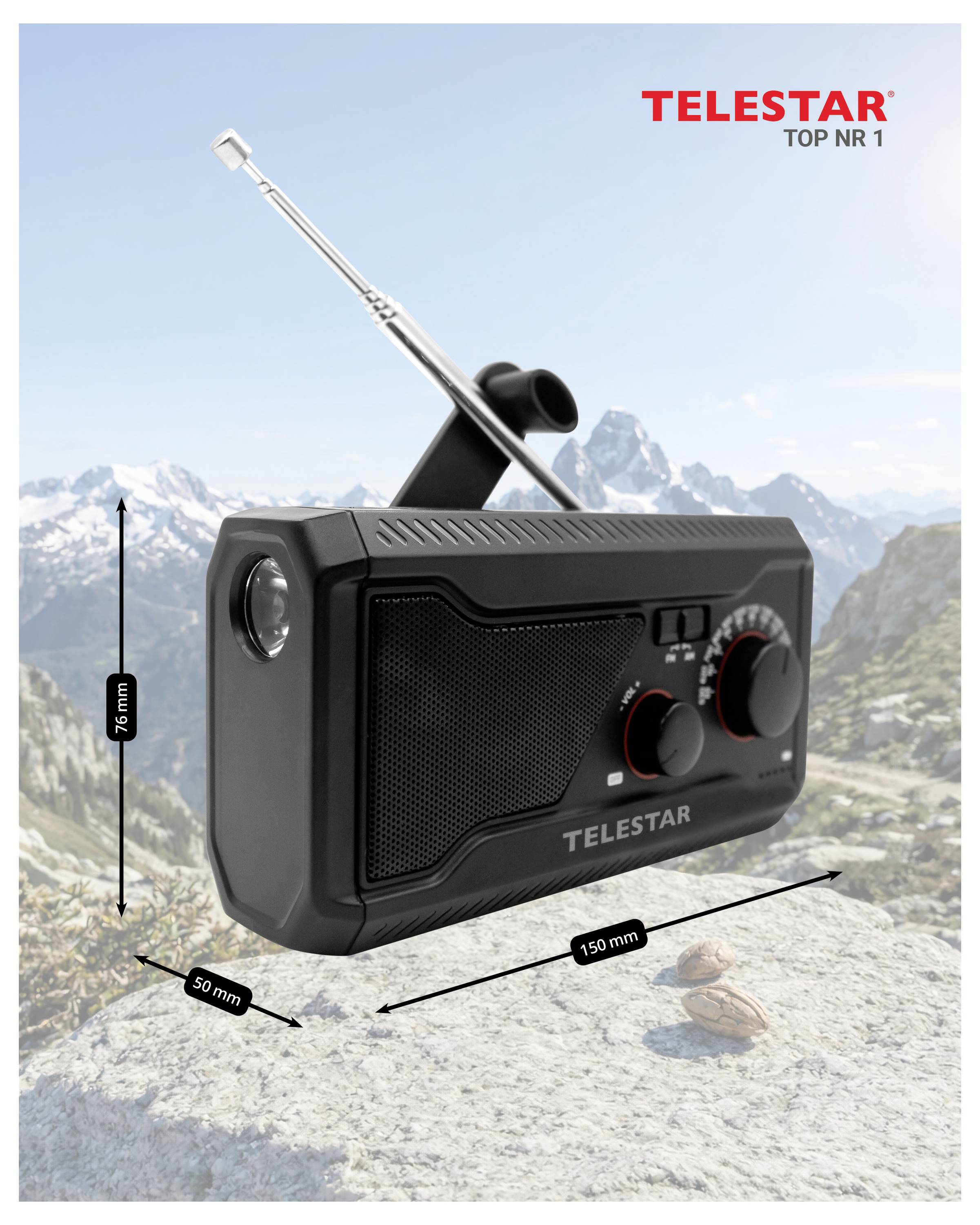 Telestar Top Nr. 1 tragbares Radio mit Antenne, gezeigt vor einer Bergkulisse mit beschrifteten Abmessungen von 76 mm Höhe, 150 mm Breite und 50 mm Tiefe.