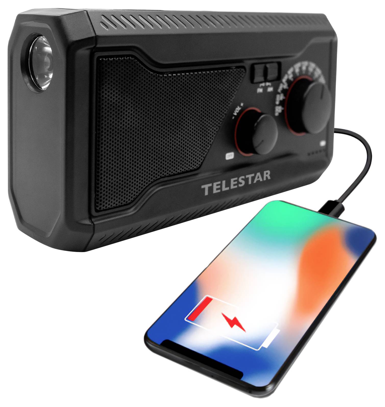 Tragbares Telestar-Radio mit Taschenlampe, das ein Smartphone über ein Kabel auflädt, wobei auf dem Bildschirm des Telefons ein niedriger Batteriestand angezeigt wird.