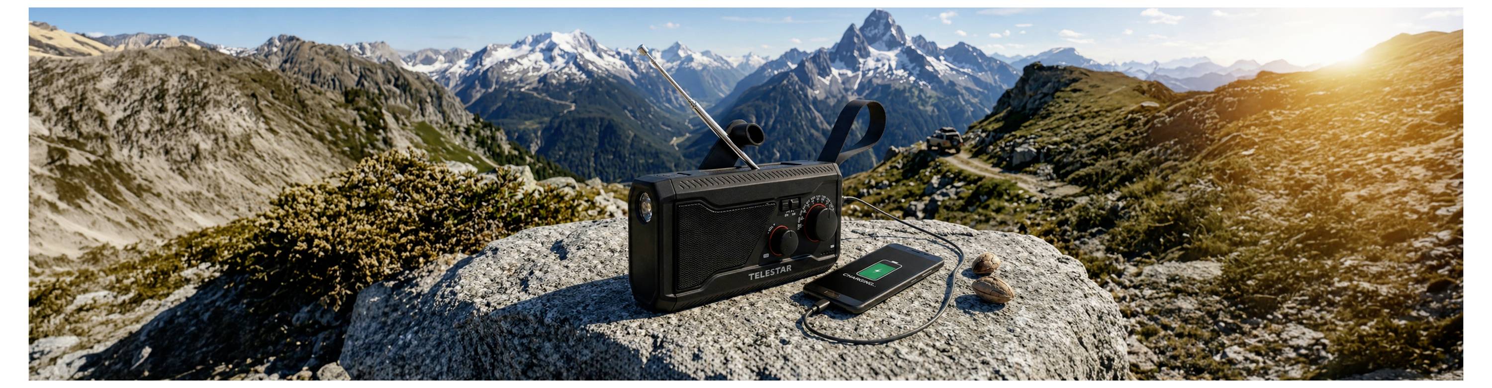 Tragbares Funkgerät und Smartphone mit Kabel auf einem felsigen Berggipfel, mit Blick auf schneebedeckte Gipfel bei Sonnenaufgang.