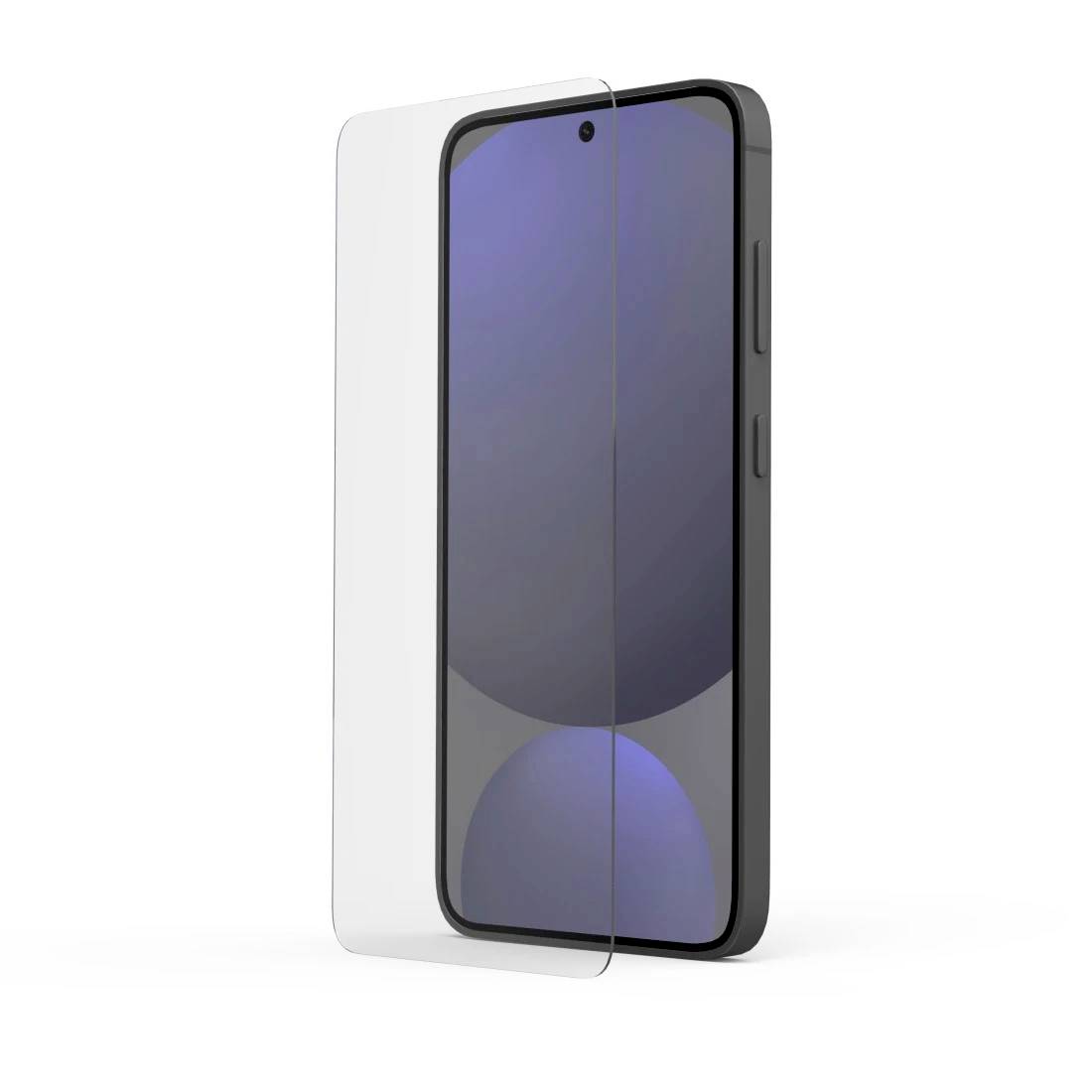 Ein Smartphone mit transparanter Schutzhülle, das von vorne und von hinten gezeigt wird, wobei die Kameraaussparung und die Seitentasten hervorgehoben werden.