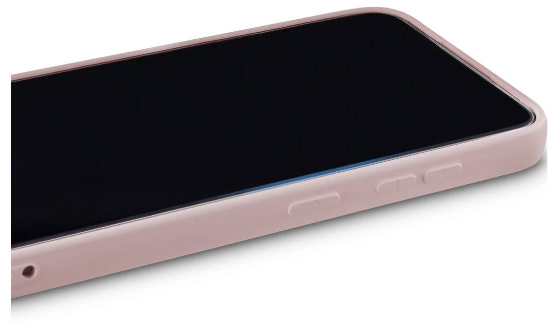 Rosa-farbiges Smartphone in angewinklter Seitenansicht mit schwarzem, leerem Bildschirm und erhabenen Seitenschaltflächen.