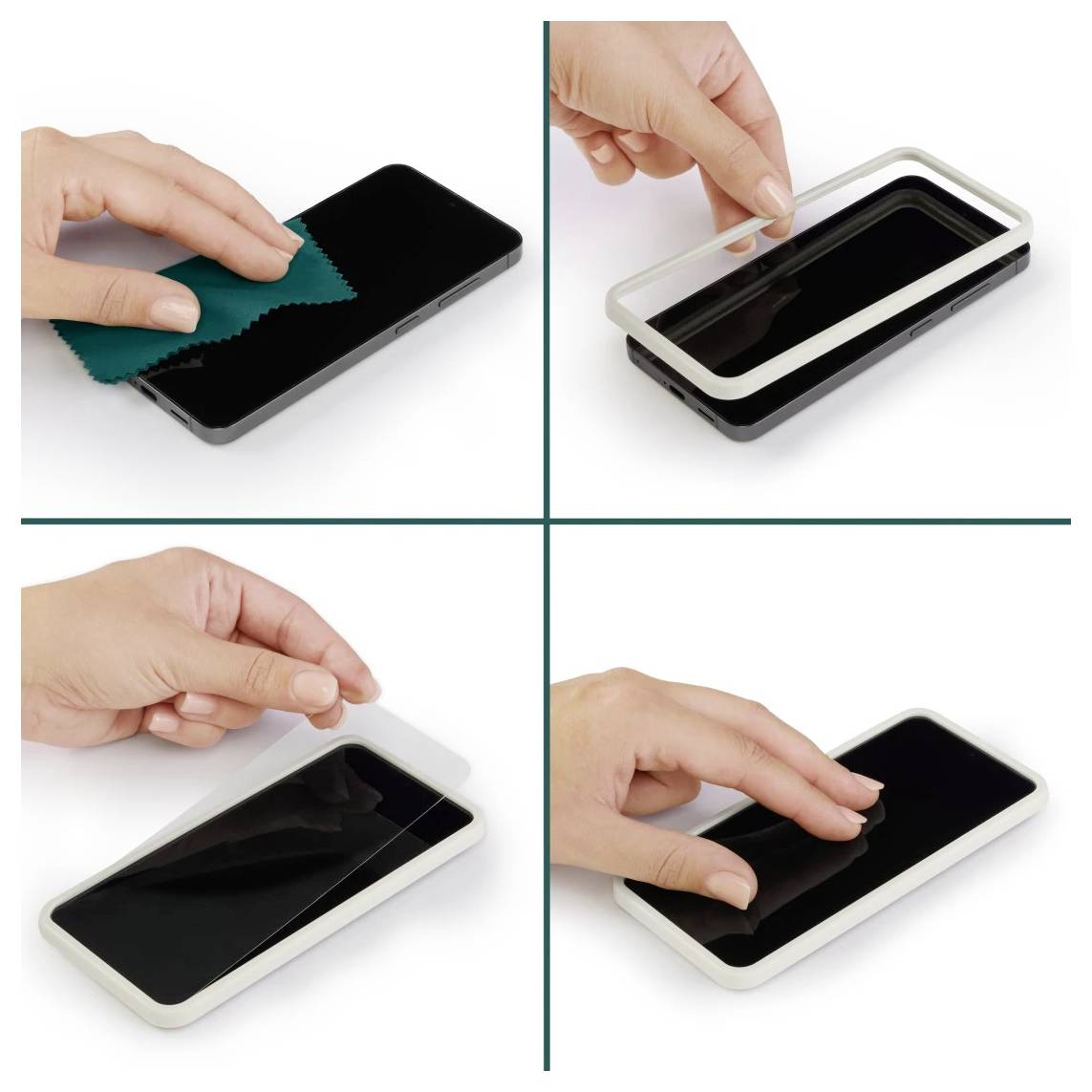 Vier-Schritte-Anleitung zum Reinigen und Anbringen einer Displayschutzfolie auf einem Smartphone, mit Tuch, Rahmen und abschließendem Glätten.