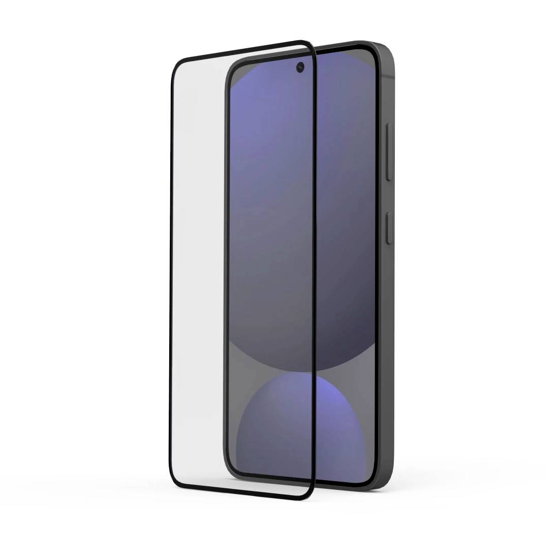 Ein Smartphone mit schwarzem Schutzcase und transparentem Displayschutz, der vor dem Bildschirm angezeigt wird.