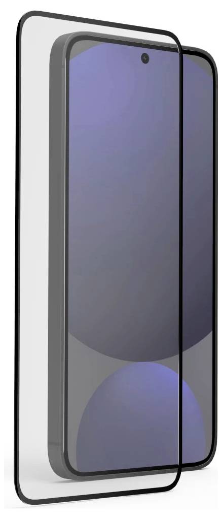 Zwei Smartphones von vorne gezeigt, eines hinter einem transparenten Schutzbildschirm, das eine Displayschutzfolie oder Schutzhüllenpassform illustriert.